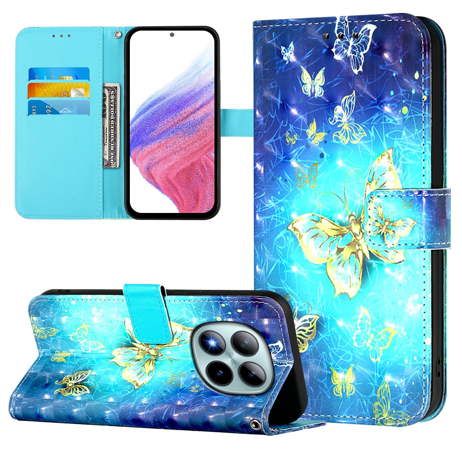 For Xiaomi Poco M8 Pro 5G / Redmi Note 15 Pro+ 5G (Global) Leather Case Pattern Printing Wallet Stand Mobile Cover with Strap - Golden Butterflies