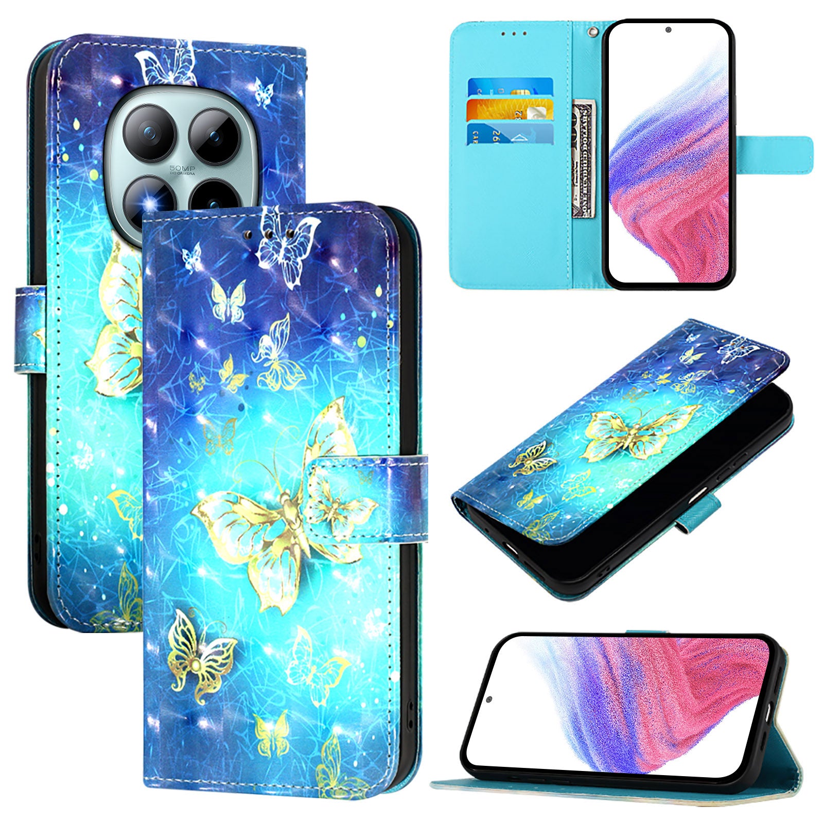 For Xiaomi Poco M8 Pro 5G / Redmi Note 15 Pro+ 5G (Global) Leather Case Pattern Printing Wallet Stand Mobile Cover with Strap - Golden Butterflies