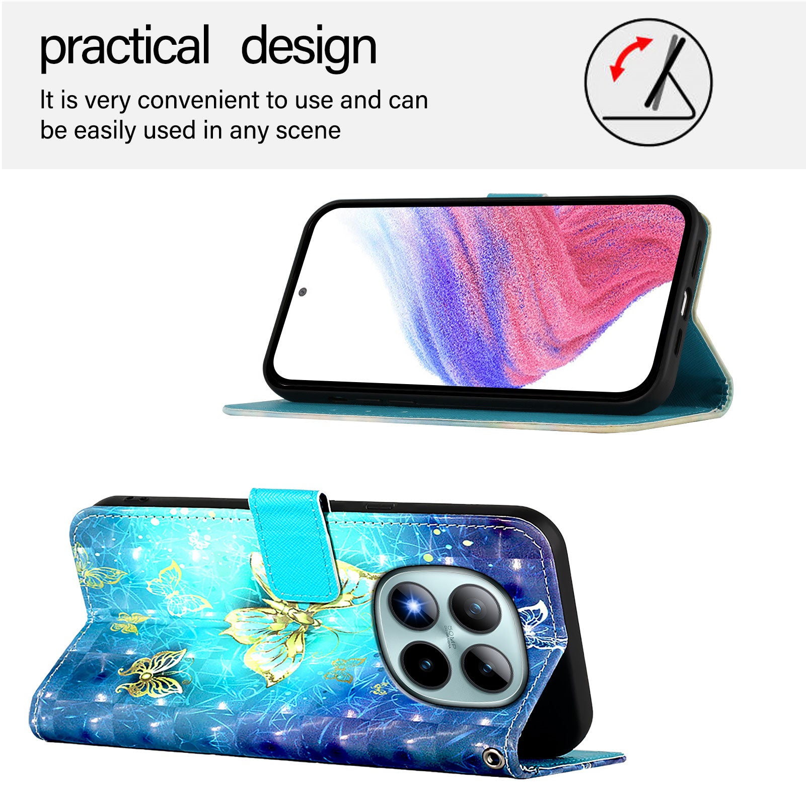 For Xiaomi Poco M8 Pro 5G / Redmi Note 15 Pro+ 5G (Global) Leather Case Pattern Printing Wallet Stand Mobile Cover with Strap - Golden Butterflies