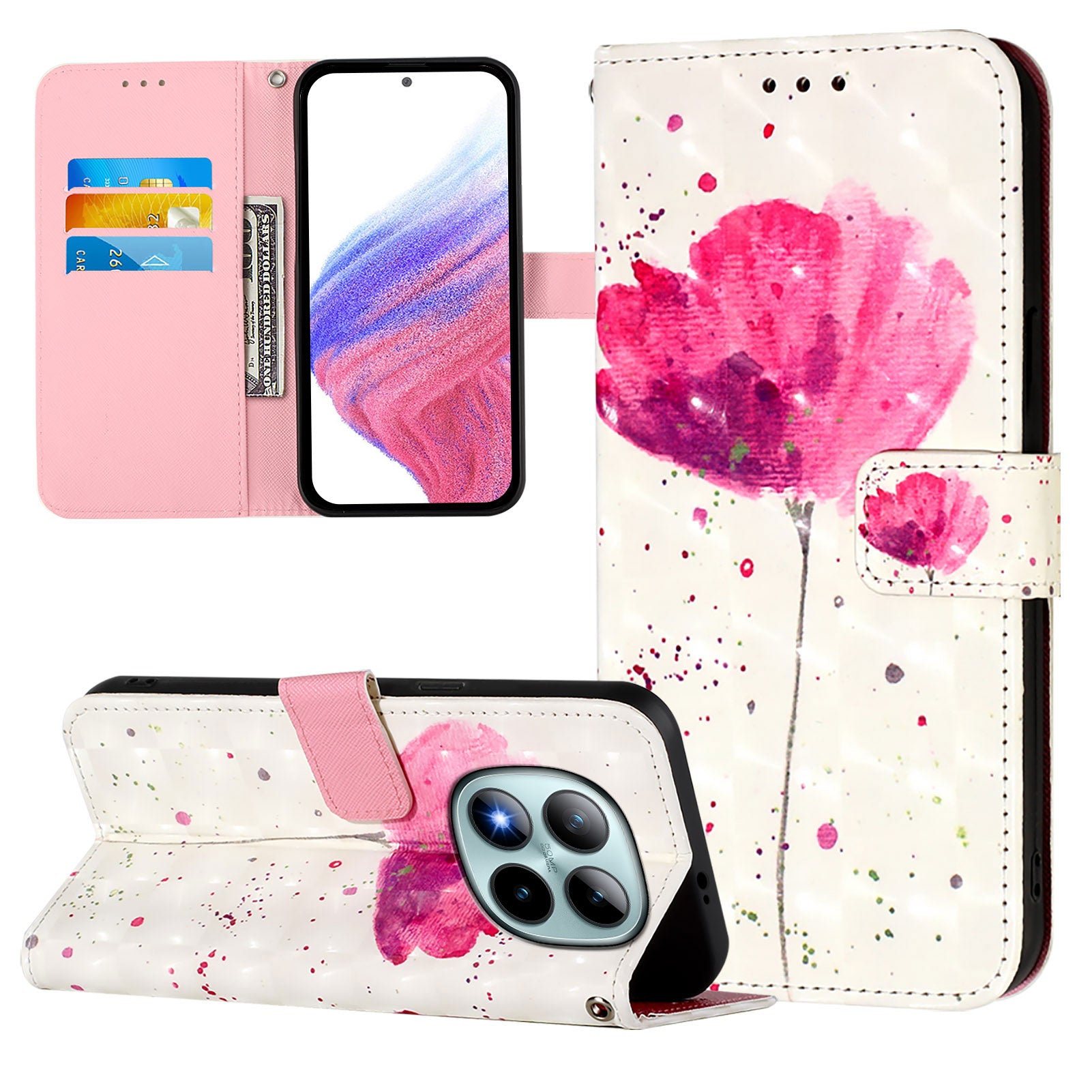 For Xiaomi Poco M8 Pro 5G / Redmi Note 15 Pro+ 5G (Global) Leather Case Pattern Printing Wallet Stand Mobile Cover with Strap - Flower