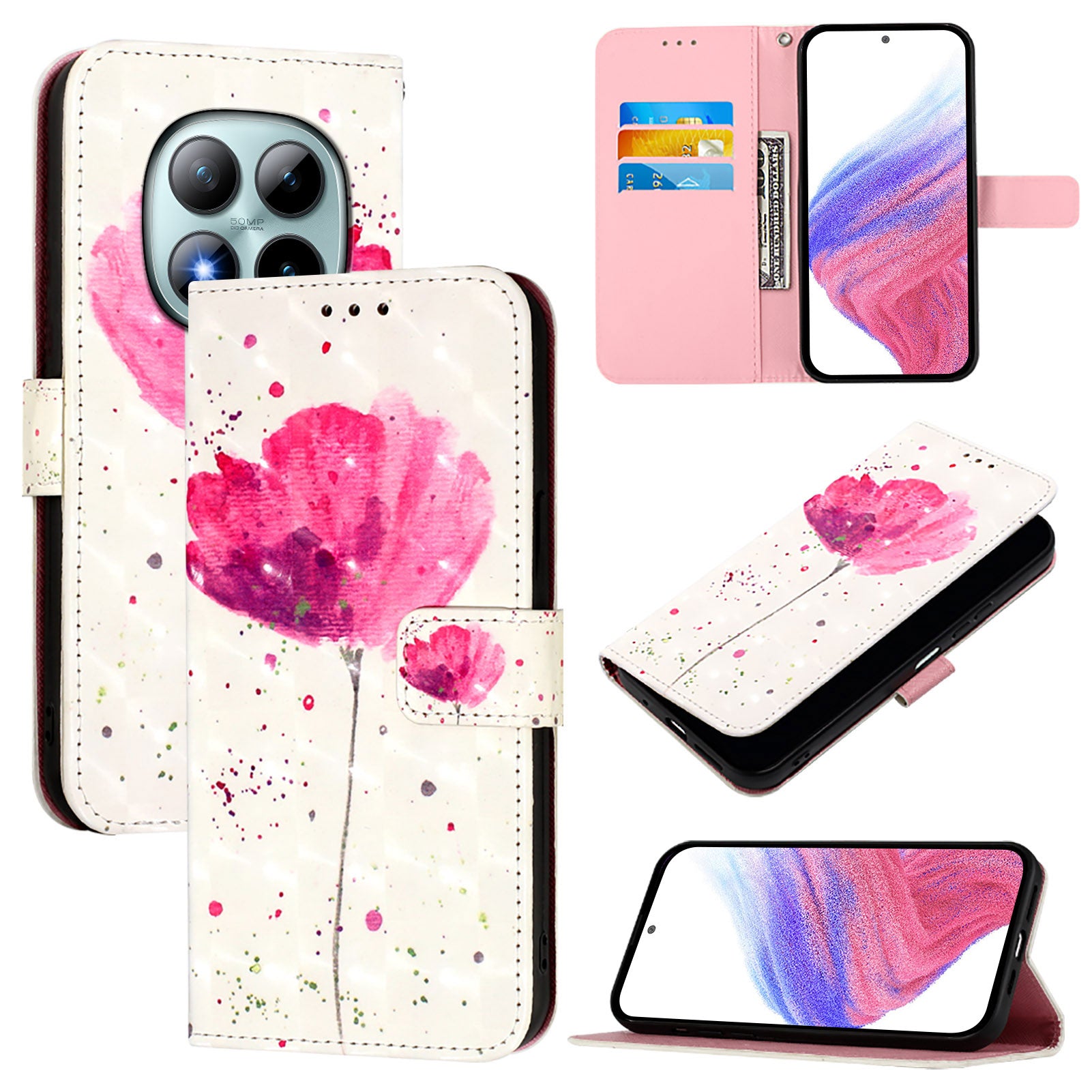 For Xiaomi Poco M8 Pro 5G / Redmi Note 15 Pro+ 5G (Global) Leather Case Pattern Printing Wallet Stand Mobile Cover with Strap - Flower