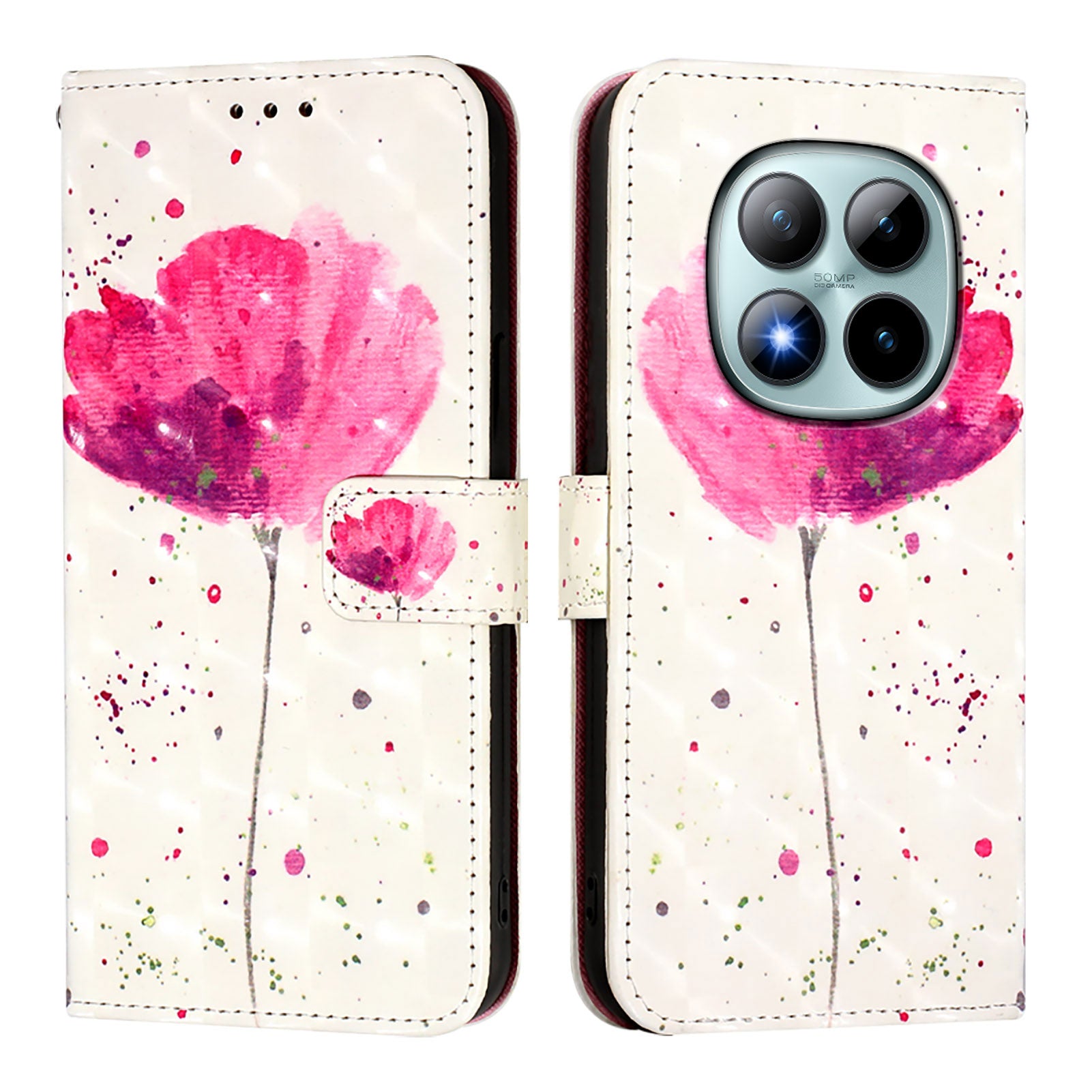 For Xiaomi Poco M8 Pro 5G / Redmi Note 15 Pro+ 5G (Global) Leather Case Pattern Printing Wallet Stand Mobile Cover with Strap - Flower