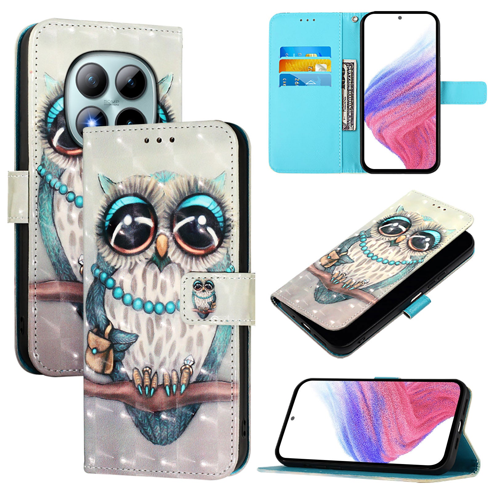 For Xiaomi Poco M8 Pro 5G / Redmi Note 15 Pro+ 5G (Global) Leather Case Pattern Printing Wallet Stand Mobile Cover with Strap - Grey Owl