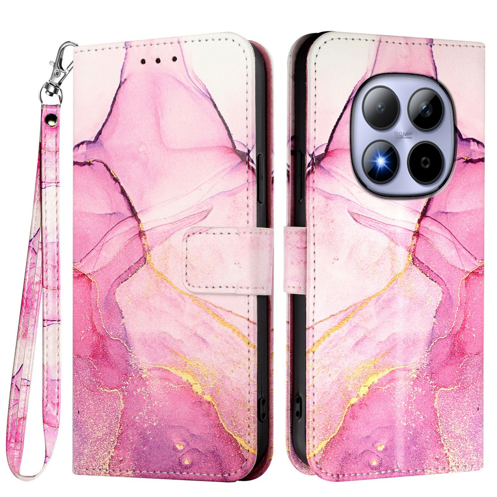 For Xiaomi Redmi Note 15 Pro 5G (Global) Case with Strap Marble Pattern Leather Phone Cover Card Holder - Pink / Purple / Gold LS001