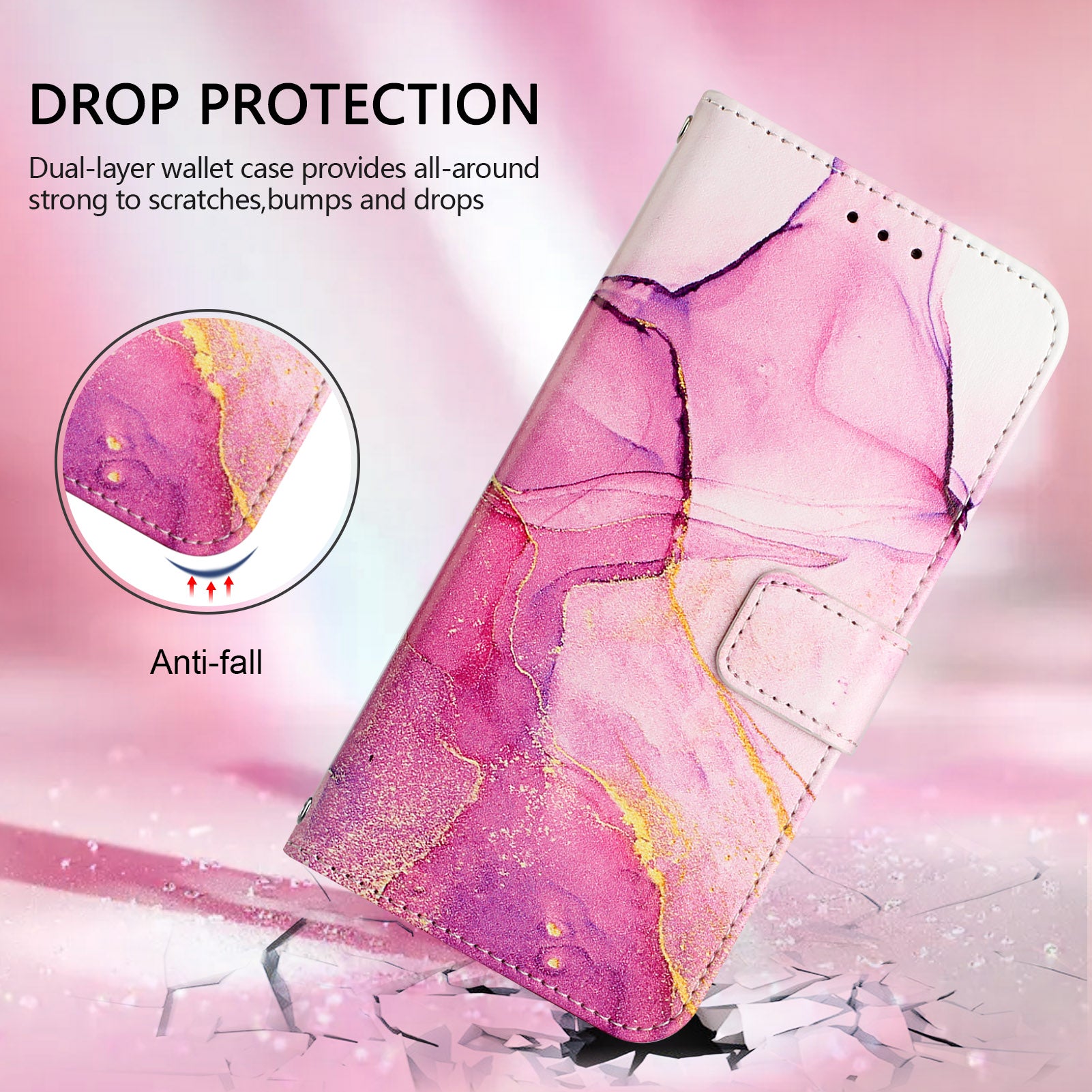 For Xiaomi Redmi Note 15 Pro 5G (Global) Case with Strap Marble Pattern Leather Phone Cover Card Holder - Pink / Purple / Gold LS001