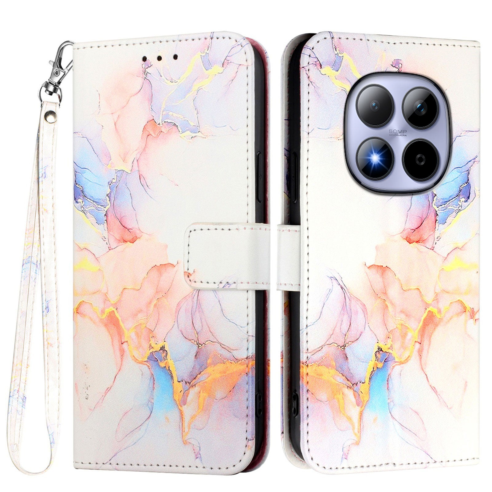 For Xiaomi Redmi Note 15 Pro 5G (Global) Case with Strap Marble Pattern Leather Phone Cover Card Holder - Milky Way Marble White LS004