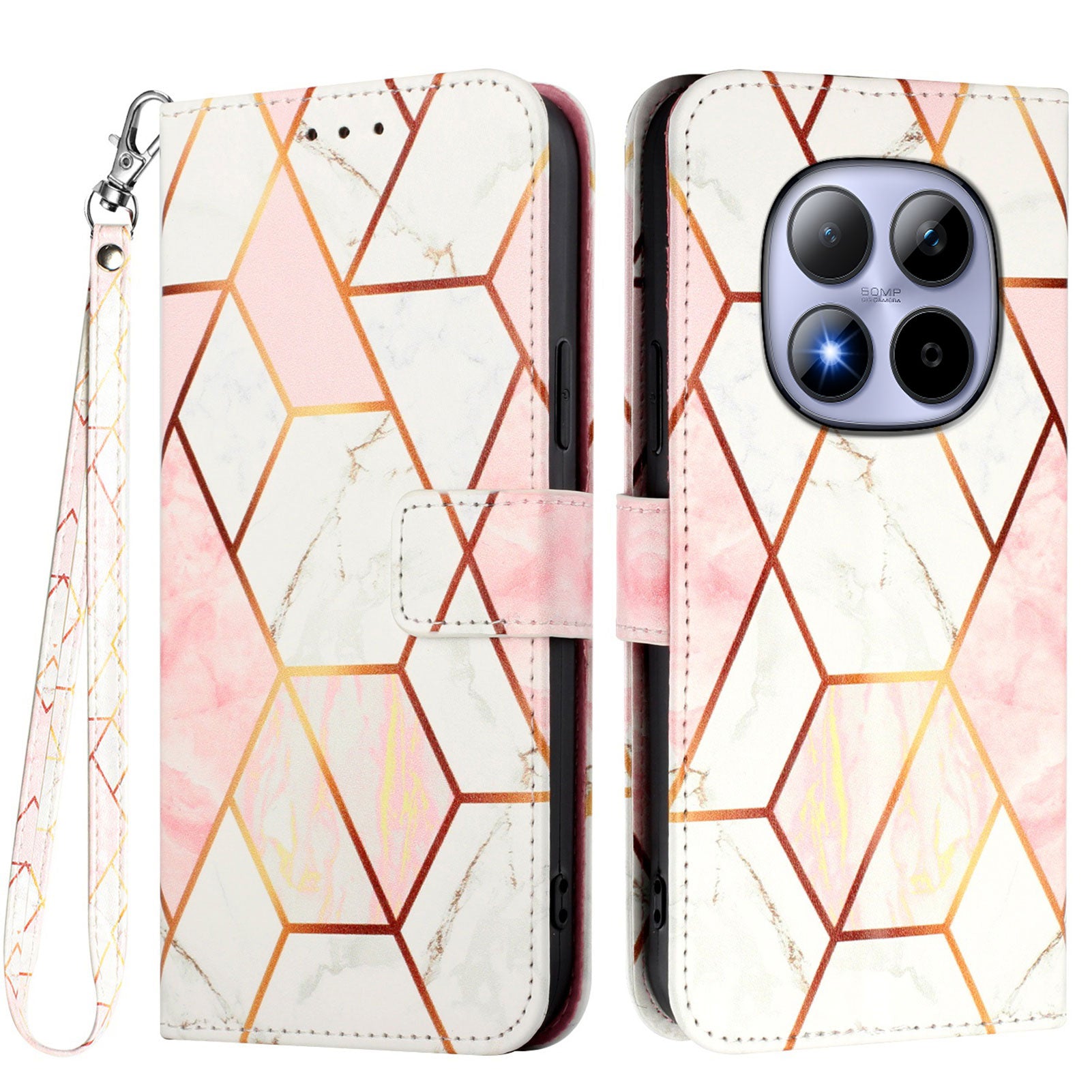 For Xiaomi Redmi Note 15 Pro 5G (Global) Case with Strap Marble Pattern Leather Phone Cover Card Holder - Pink / White LS002