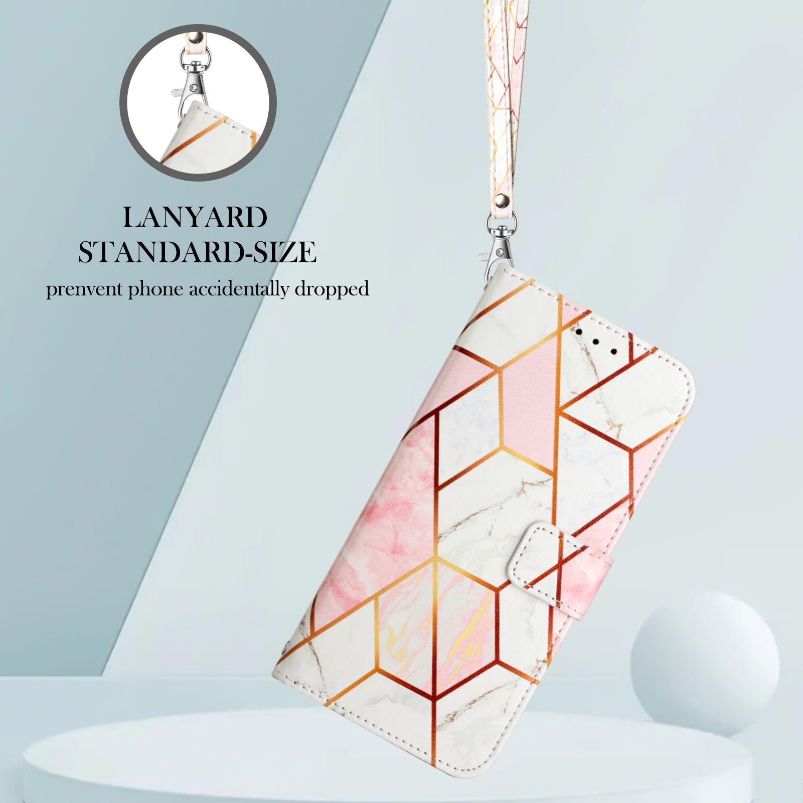 For Xiaomi Redmi Note 15 Pro 5G (Global) Case with Strap Marble Pattern Leather Phone Cover Card Holder - Pink / White LS002