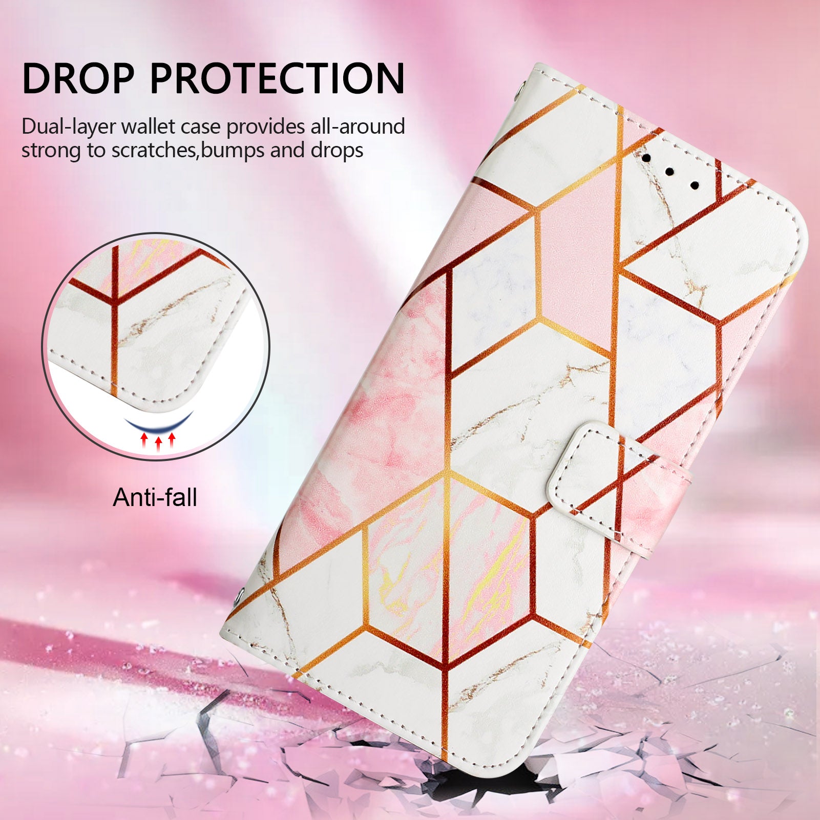 For Xiaomi Redmi Note 15 Pro 5G (Global) Case with Strap Marble Pattern Leather Phone Cover Card Holder - Pink / White LS002