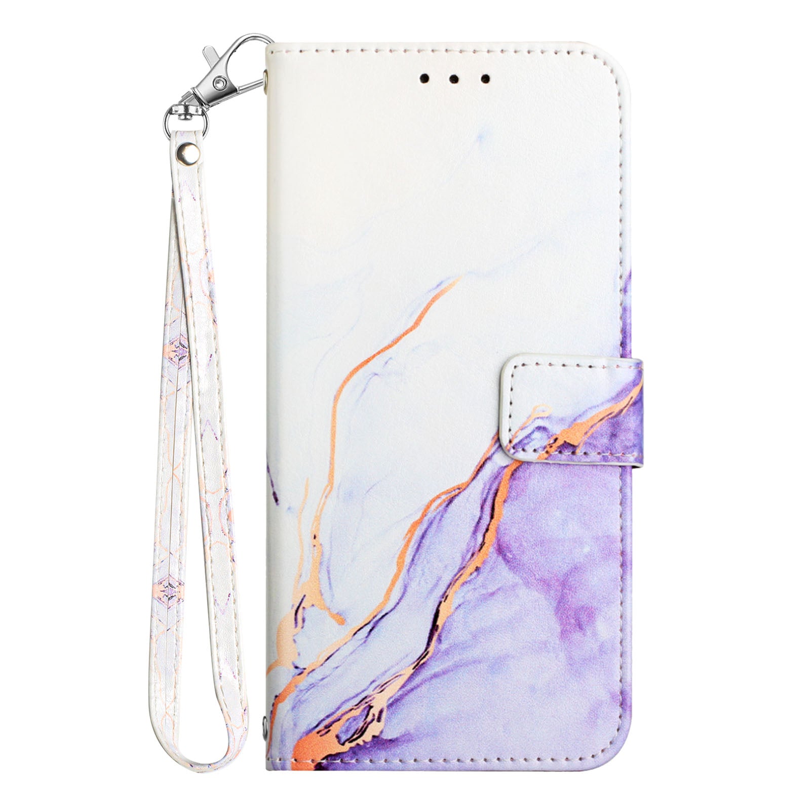 For Xiaomi Redmi Note 15 Pro 5G (Global) Case with Strap Marble Pattern Leather Phone Cover Card Holder - White / Purple LS006
