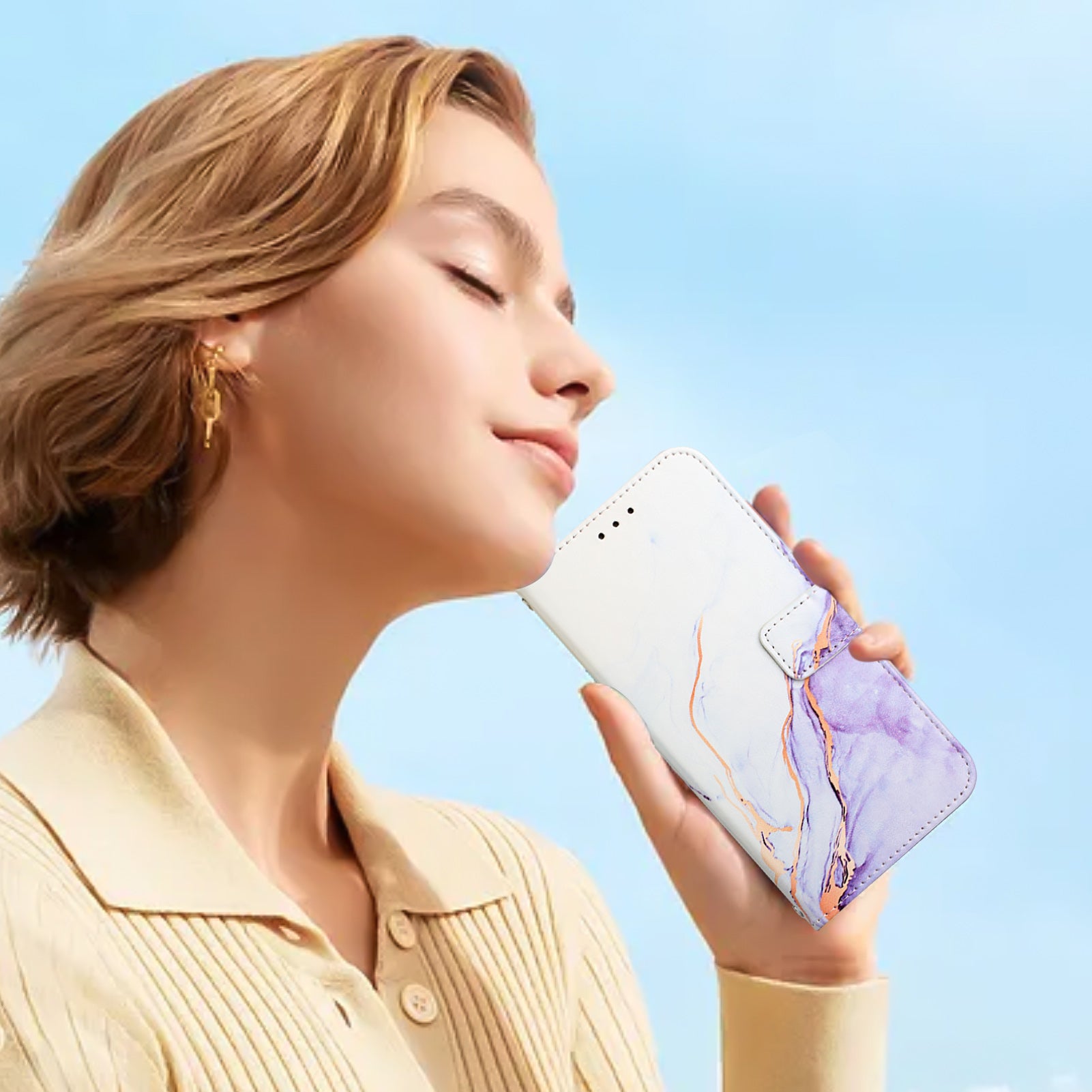 For Xiaomi Redmi Note 15 Pro 5G (Global) Case with Strap Marble Pattern Leather Phone Cover Card Holder - White / Purple LS006