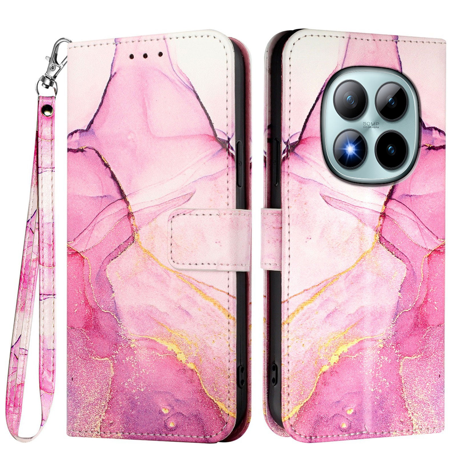 For Xiaomi Poco M8 Pro 5G / Redmi Note 15 Pro+ 5G (Global) Case with Strap Marble Pattern Leather Phone Cover Card Holder - Pink / Purple / Gold LS001