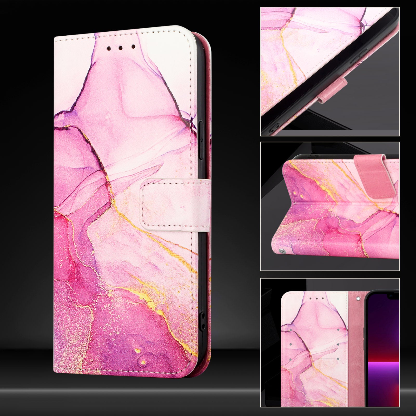 For Xiaomi Poco M8 Pro 5G / Redmi Note 15 Pro+ 5G (Global) Case with Strap Marble Pattern Leather Phone Cover Card Holder - Pink / Purple / Gold LS001