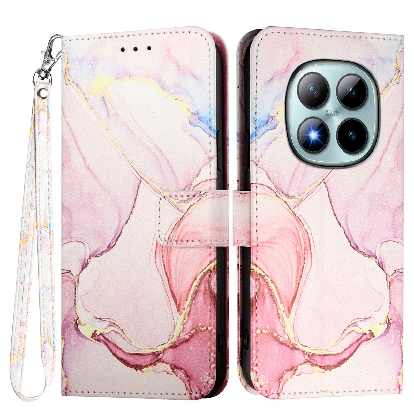 For Xiaomi Poco M8 Pro 5G / Redmi Note 15 Pro+ 5G (Global) Case with Strap Marble Pattern Leather Phone Cover Card Holder - Rose Gold LS005