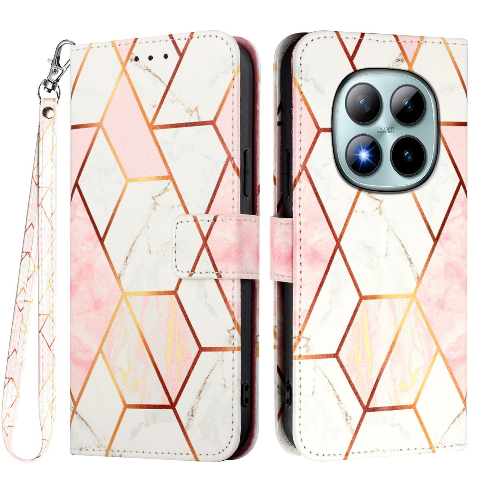For Xiaomi Poco M8 Pro 5G / Redmi Note 15 Pro+ 5G (Global) Case with Strap Marble Pattern Leather Phone Cover Card Holder - Pink / White LS002