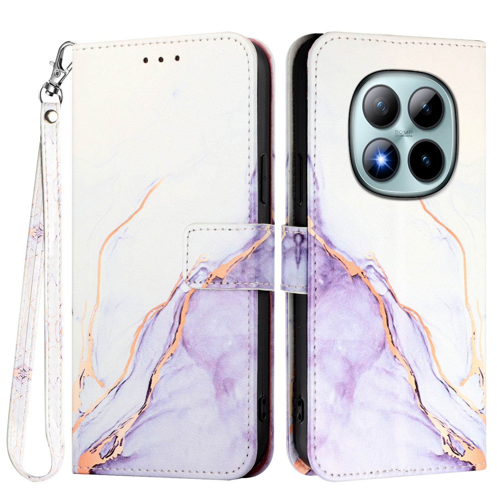 For Xiaomi Poco M8 Pro 5G / Redmi Note 15 Pro+ 5G (Global) Case with Strap Marble Pattern Leather Phone Cover Card Holder - White / Purple LS006