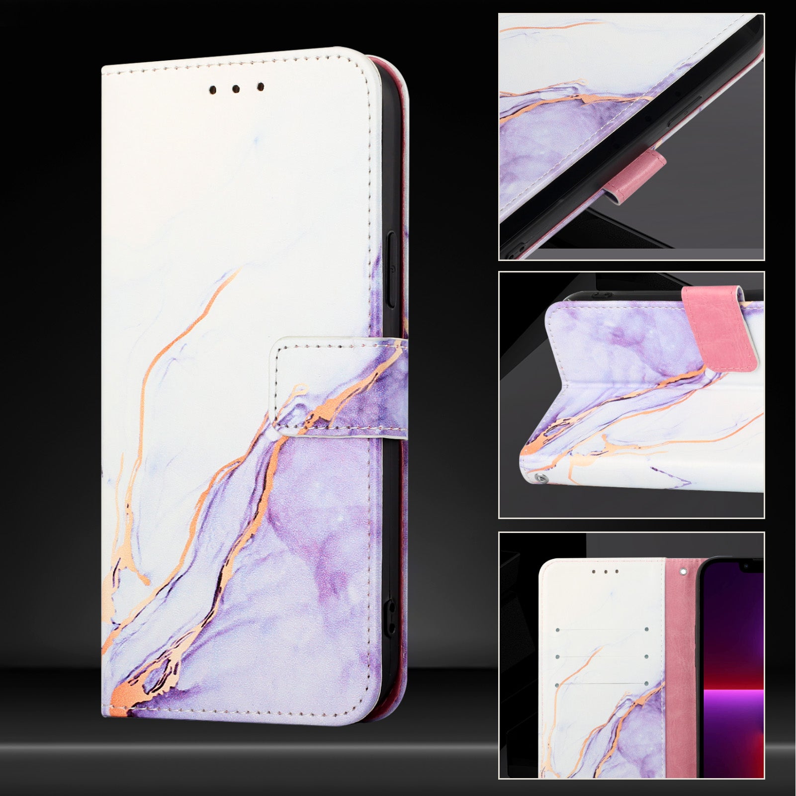 For Xiaomi Poco M8 Pro 5G / Redmi Note 15 Pro+ 5G (Global) Case with Strap Marble Pattern Leather Phone Cover Card Holder - White / Purple LS006