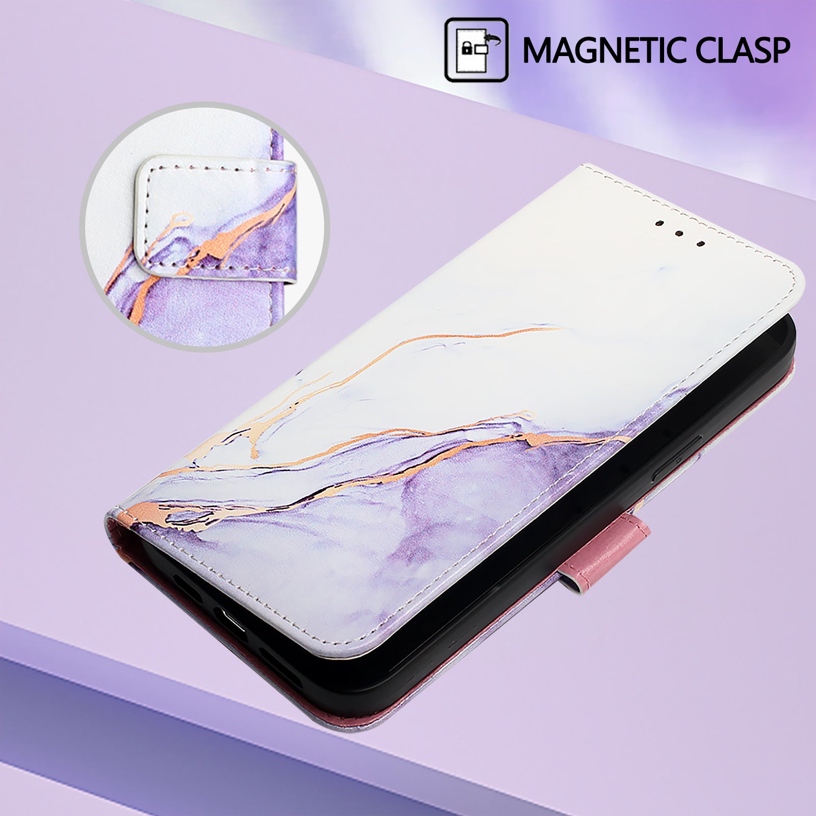 For Xiaomi Poco M8 Pro 5G / Redmi Note 15 Pro+ 5G (Global) Case with Strap Marble Pattern Leather Phone Cover Card Holder - White / Purple LS006