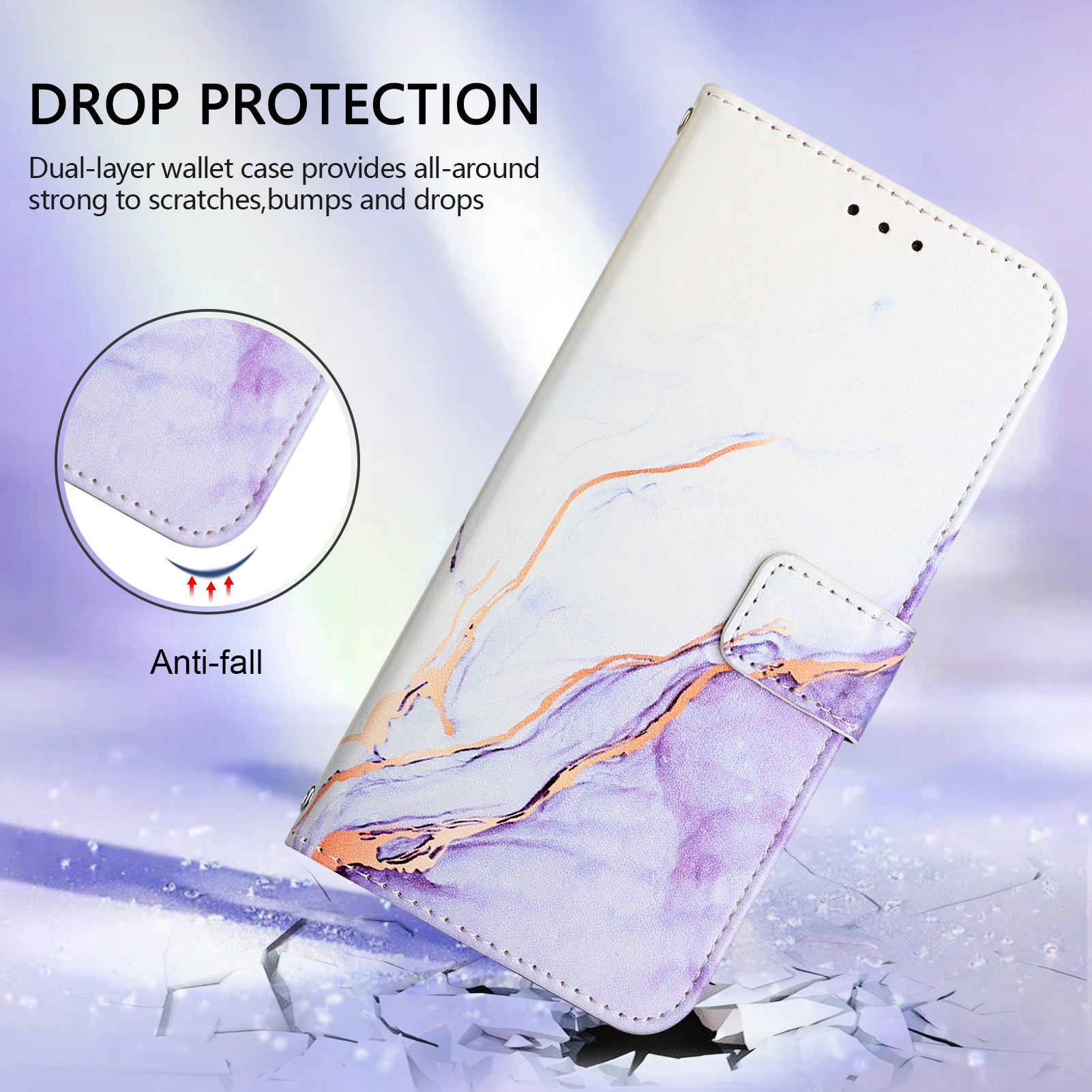 For Xiaomi Poco M8 Pro 5G / Redmi Note 15 Pro+ 5G (Global) Case with Strap Marble Pattern Leather Phone Cover Card Holder - White / Purple LS006