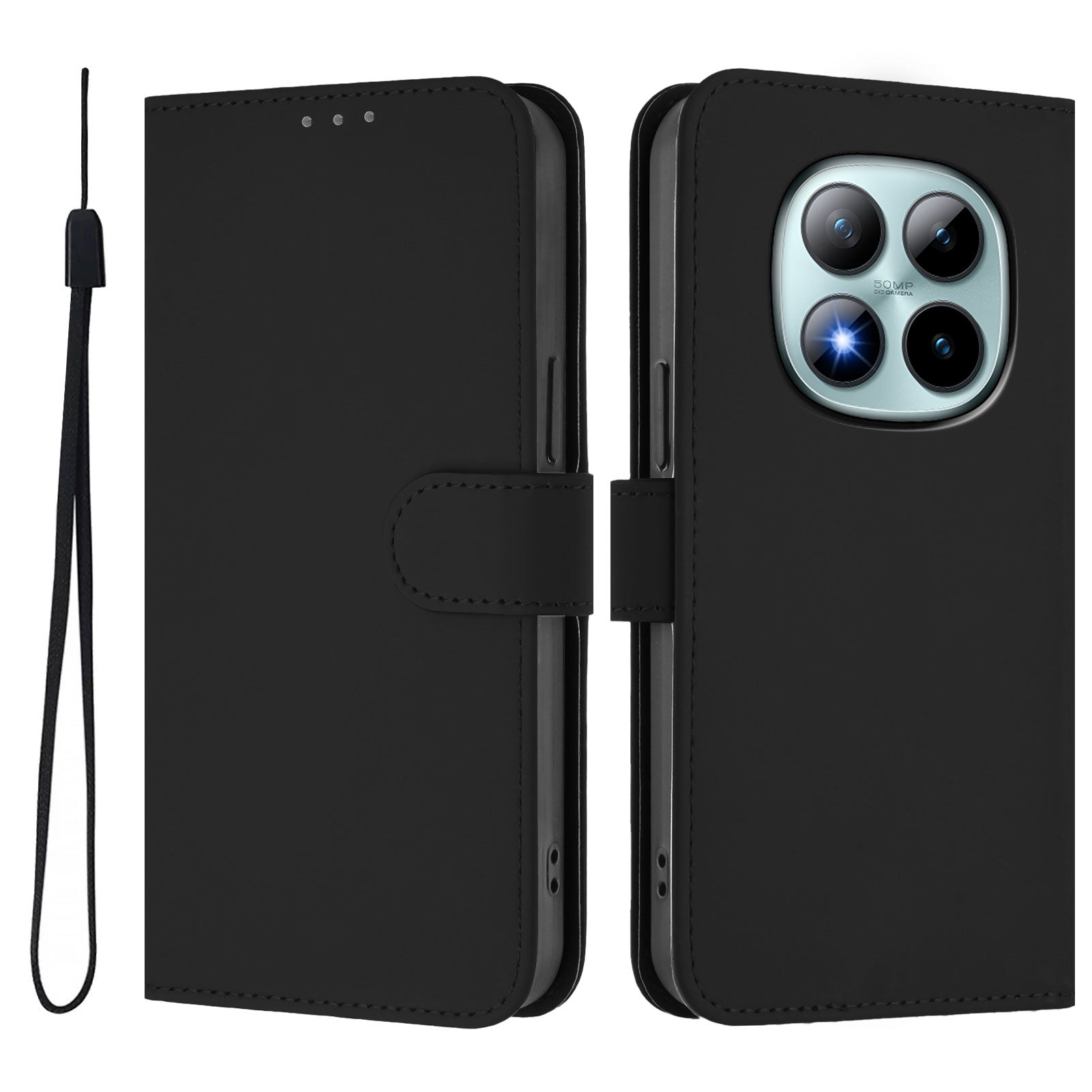 For Xiaomi Poco M8 Pro 5G / Redmi Note 15 Pro+ 5G (Global) Case Solid Color Wallet Leather Phone Cover with Strap - Black
