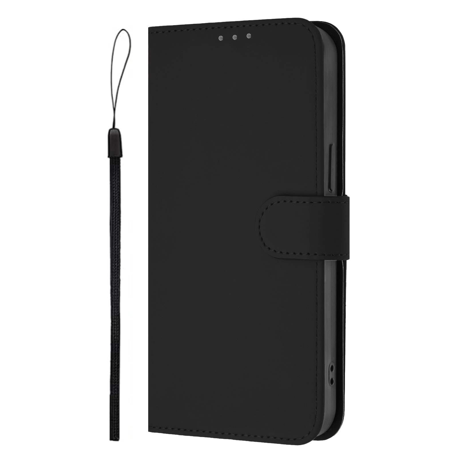 For Xiaomi Poco M8 Pro 5G / Redmi Note 15 Pro+ 5G (Global) Case Solid Color Wallet Leather Phone Cover with Strap - Black