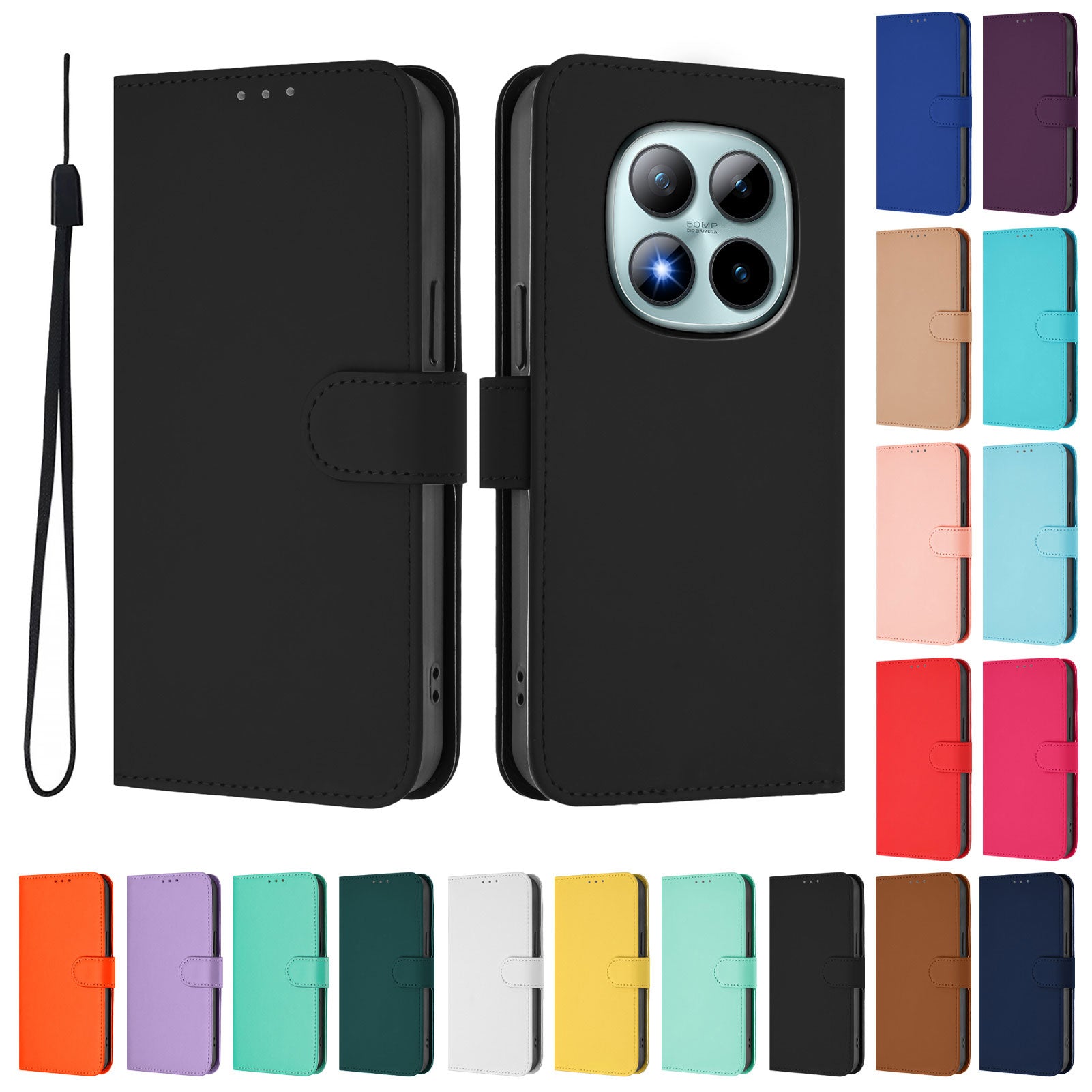 For Xiaomi Poco M8 Pro 5G / Redmi Note 15 Pro+ 5G (Global) Case Solid Color Wallet Leather Phone Cover with Strap - Black