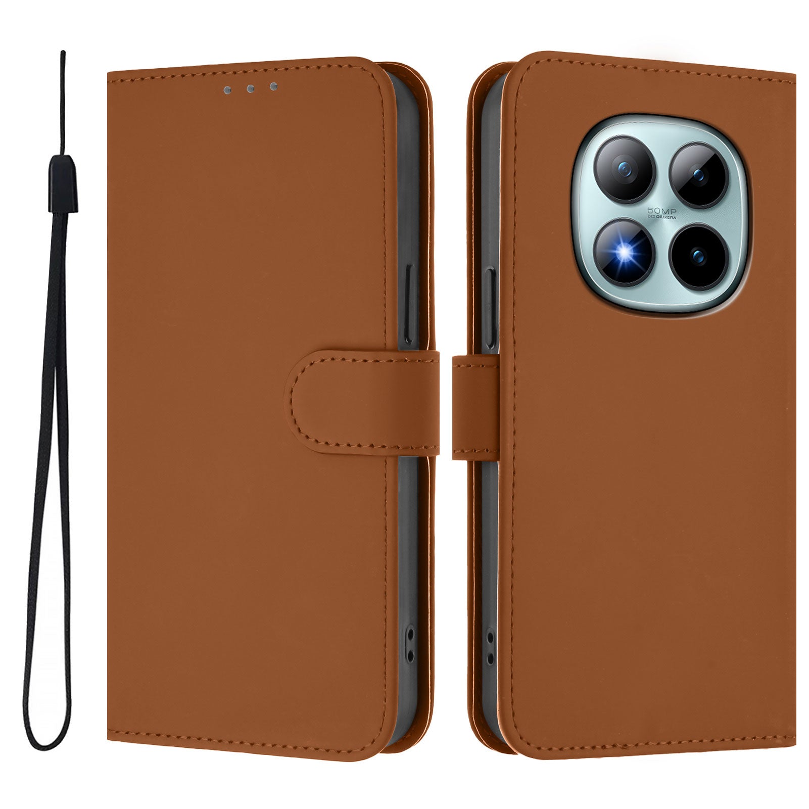 For Xiaomi Poco M8 Pro 5G / Redmi Note 15 Pro+ 5G (Global) Case Solid Color Wallet Leather Phone Cover with Strap - Brown