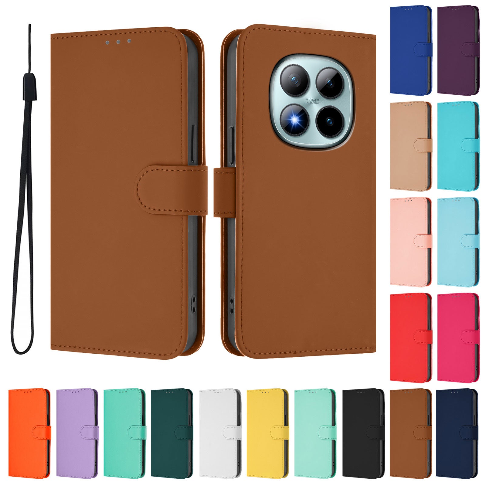For Xiaomi Poco M8 Pro 5G / Redmi Note 15 Pro+ 5G (Global) Case Solid Color Wallet Leather Phone Cover with Strap - Brown