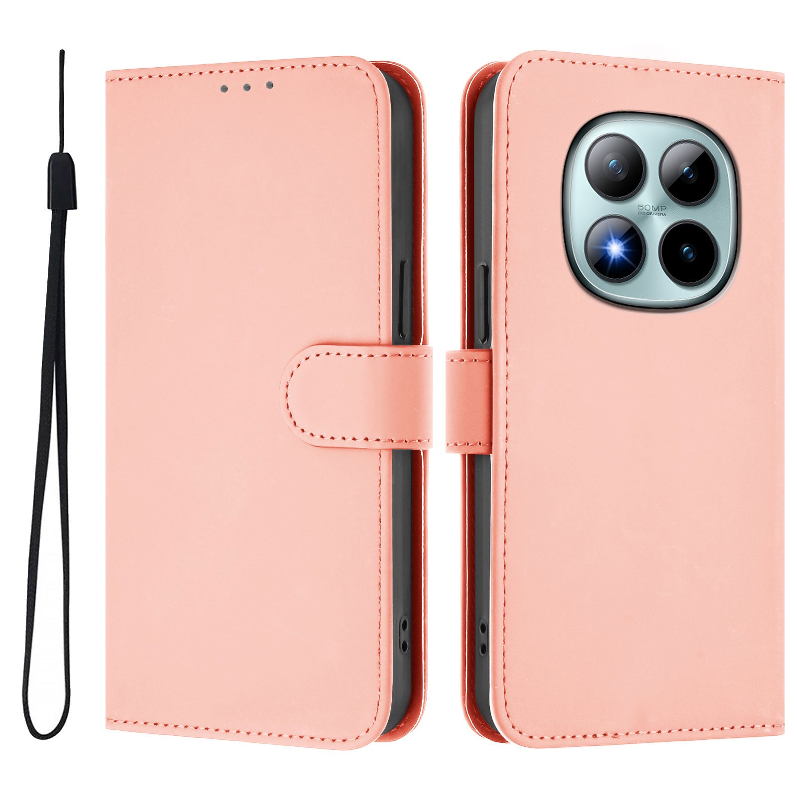 For Xiaomi Poco M8 Pro 5G / Redmi Note 15 Pro+ 5G (Global) Case Solid Color Wallet Leather Phone Cover with Strap - Pink