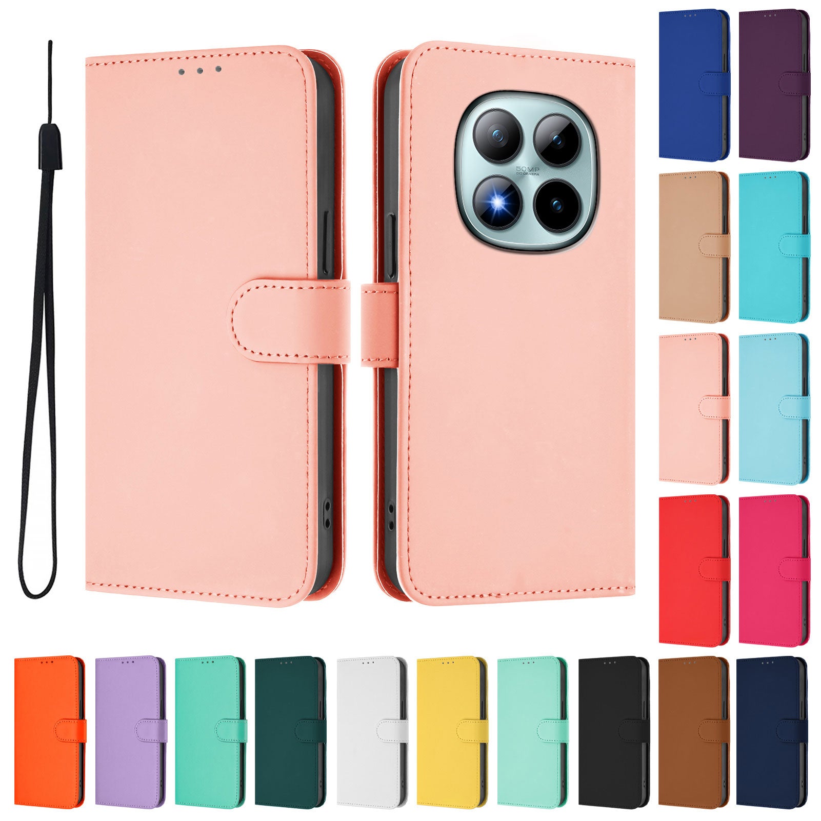 For Xiaomi Poco M8 Pro 5G / Redmi Note 15 Pro+ 5G (Global) Case Solid Color Wallet Leather Phone Cover with Strap - Pink