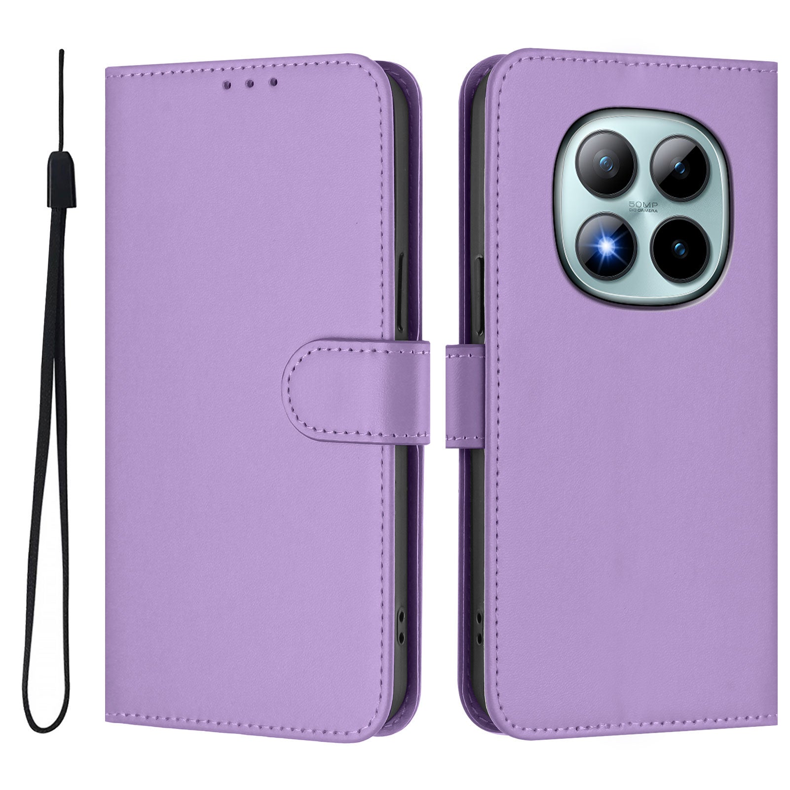 For Xiaomi Poco M8 Pro 5G / Redmi Note 15 Pro+ 5G (Global) Case Solid Color Wallet Leather Phone Cover with Strap - Lavender