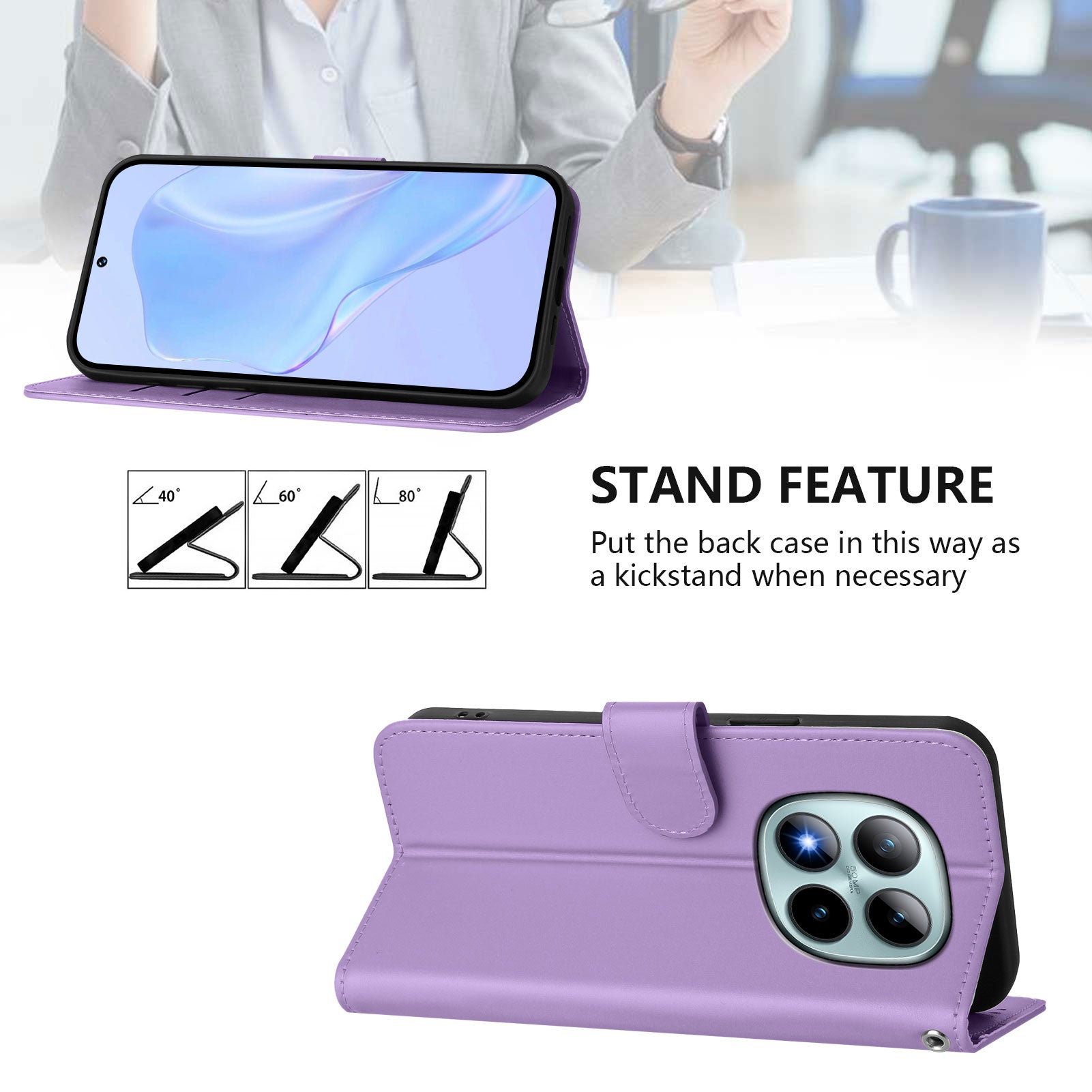 For Xiaomi Poco M8 Pro 5G / Redmi Note 15 Pro+ 5G (Global) Case Solid Color Wallet Leather Phone Cover with Strap - Lavender