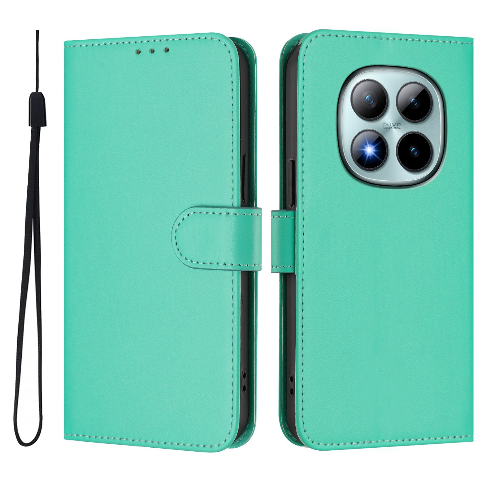 For Xiaomi Poco M8 Pro 5G / Redmi Note 15 Pro+ 5G (Global) Case Solid Color Wallet Leather Phone Cover with Strap - Green