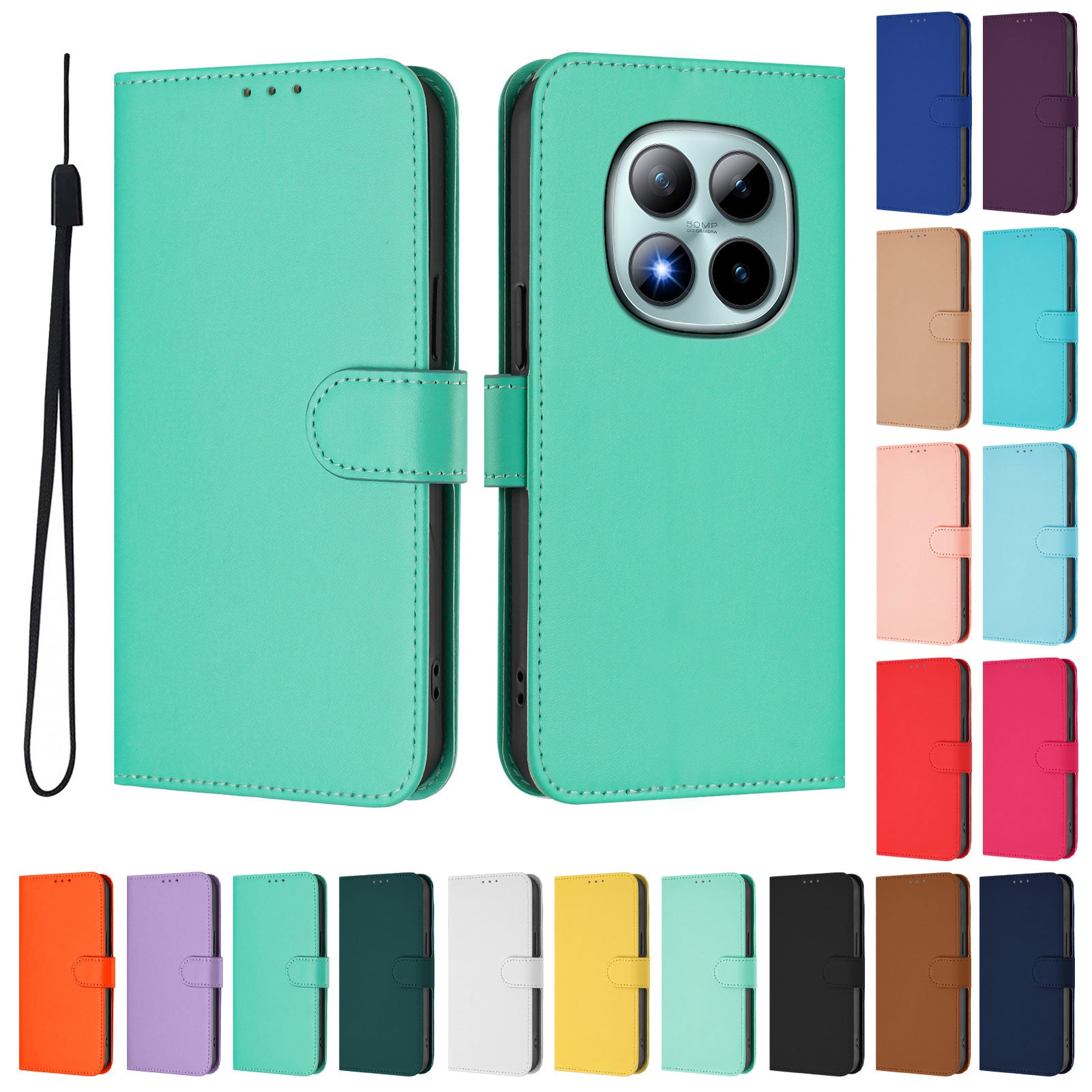 For Xiaomi Poco M8 Pro 5G / Redmi Note 15 Pro+ 5G (Global) Case Solid Color Wallet Leather Phone Cover with Strap - Green