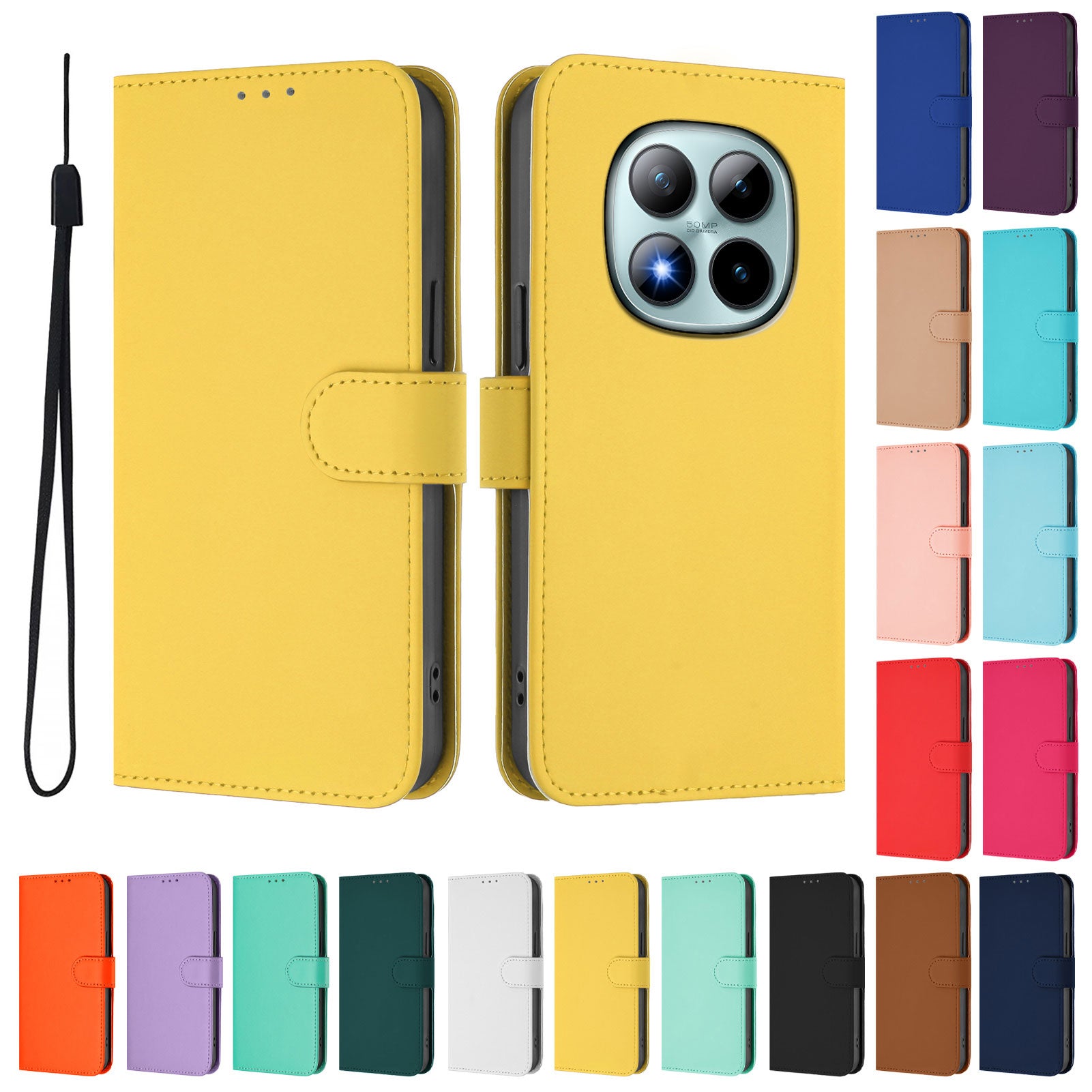 For Xiaomi Poco M8 Pro 5G / Redmi Note 15 Pro+ 5G (Global) Case Solid Color Wallet Leather Phone Cover with Strap - Lemon