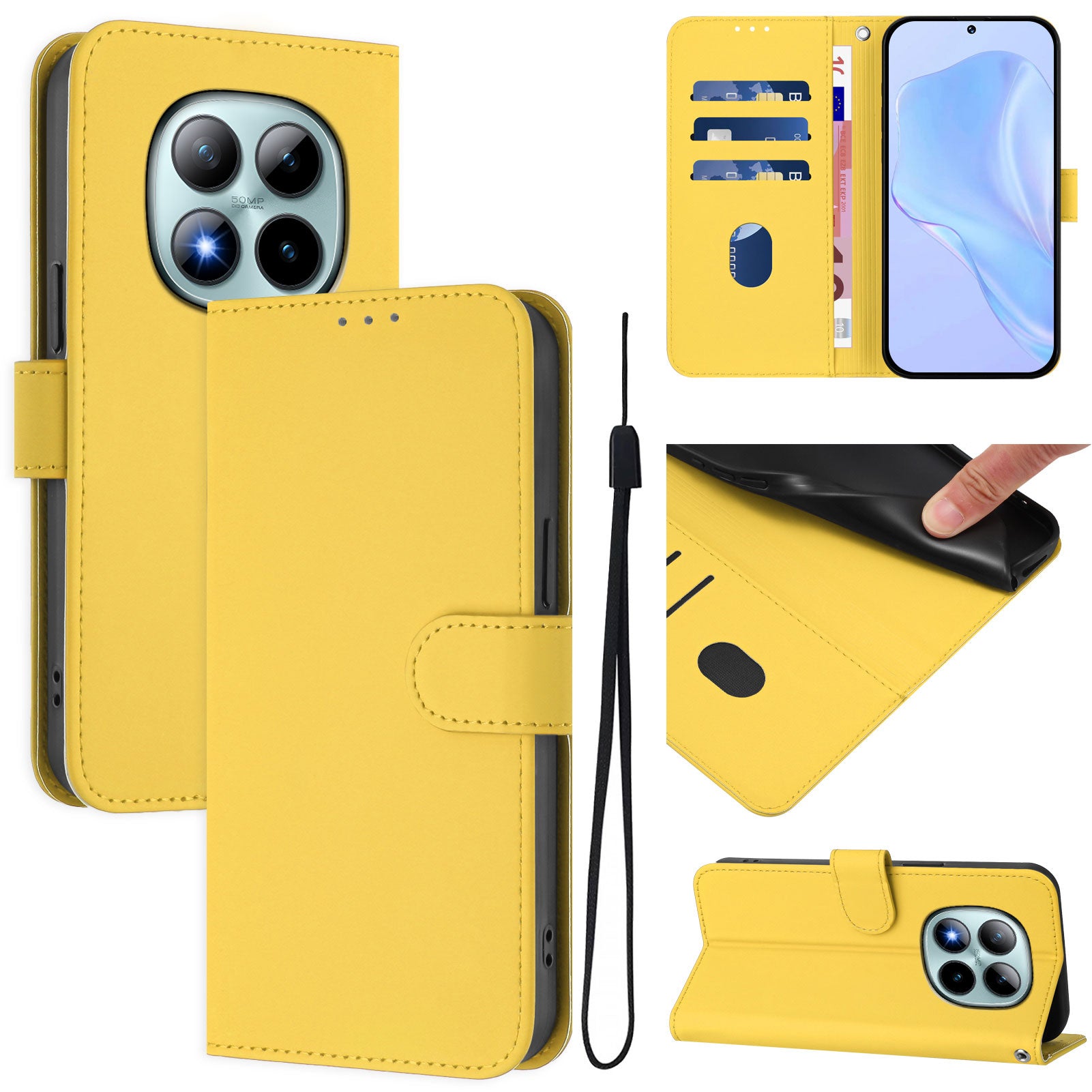 For Xiaomi Poco M8 Pro 5G / Redmi Note 15 Pro+ 5G (Global) Case Solid Color Wallet Leather Phone Cover with Strap - Lemon