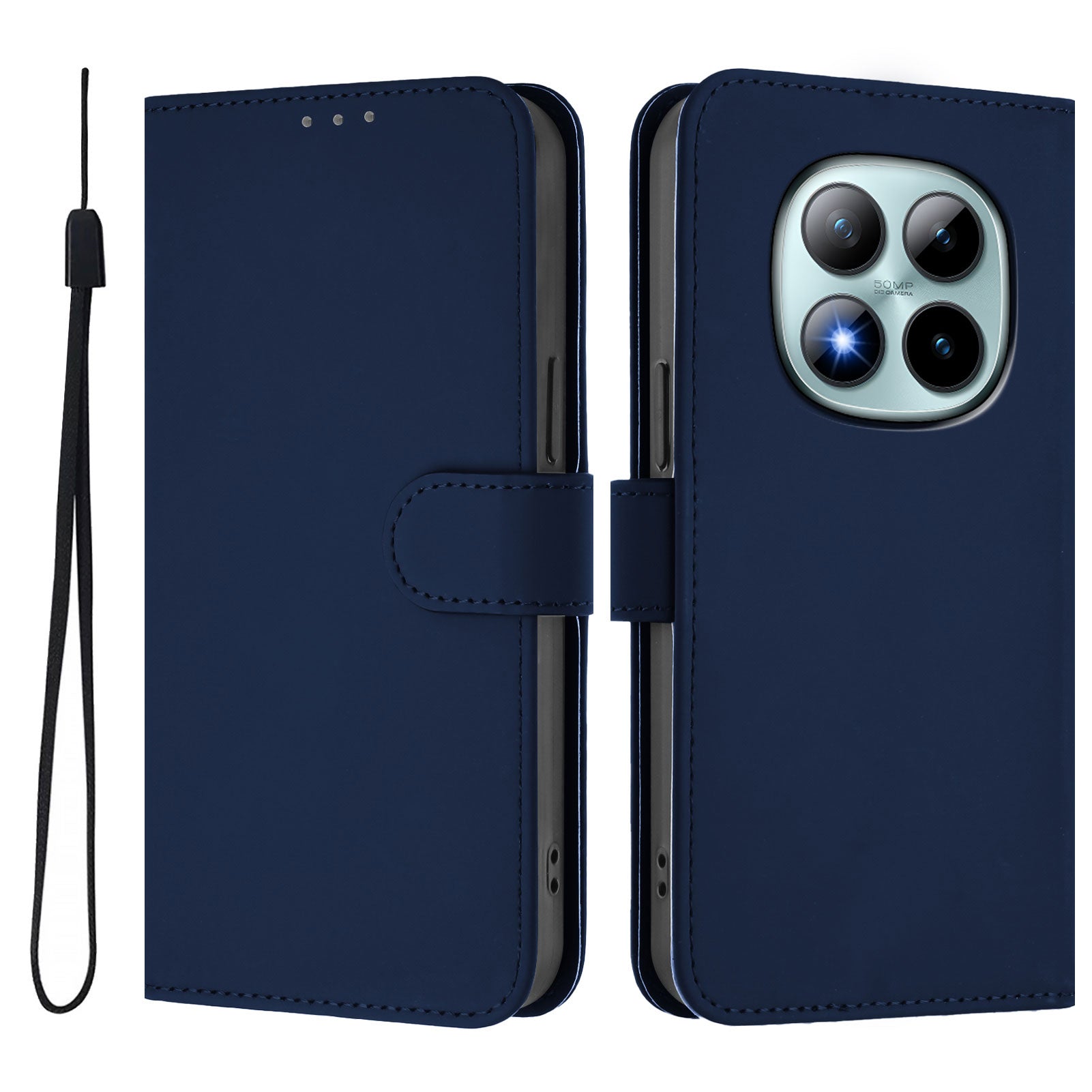 For Xiaomi Poco M8 Pro 5G / Redmi Note 15 Pro+ 5G (Global) Case Solid Color Wallet Leather Phone Cover with Strap - Navy Blue