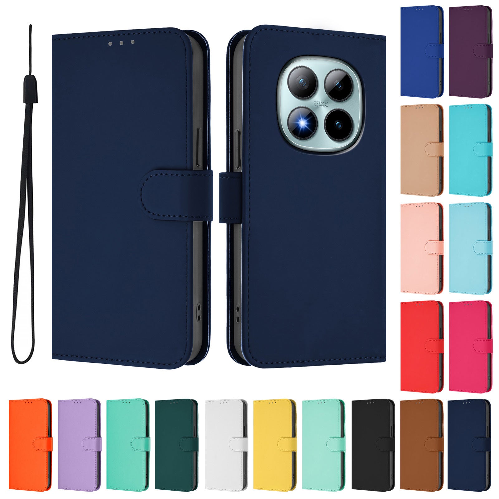 For Xiaomi Poco M8 Pro 5G / Redmi Note 15 Pro+ 5G (Global) Case Solid Color Wallet Leather Phone Cover with Strap - Navy Blue