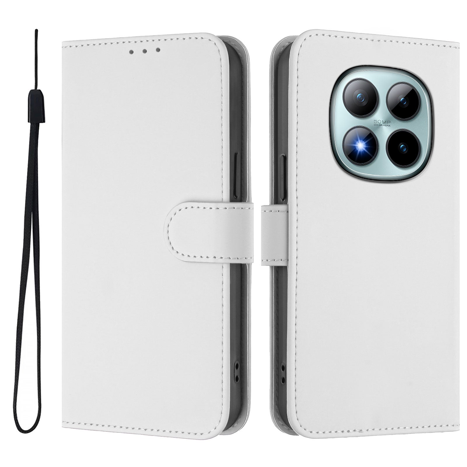 For Xiaomi Poco M8 Pro 5G / Redmi Note 15 Pro+ 5G (Global) Case Solid Color Wallet Leather Phone Cover with Strap - White