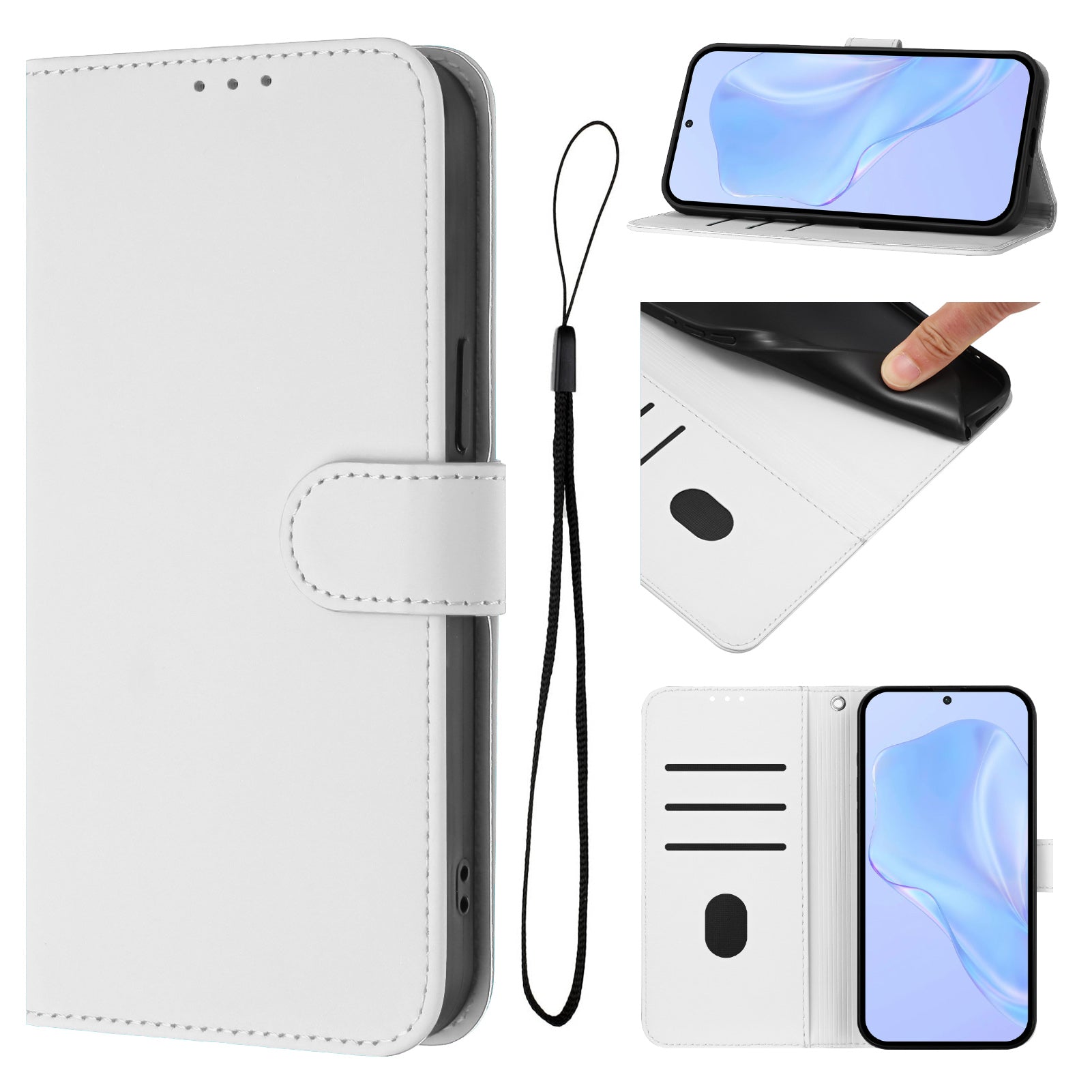 For Xiaomi Poco M8 Pro 5G / Redmi Note 15 Pro+ 5G (Global) Case Solid Color Wallet Leather Phone Cover with Strap - White