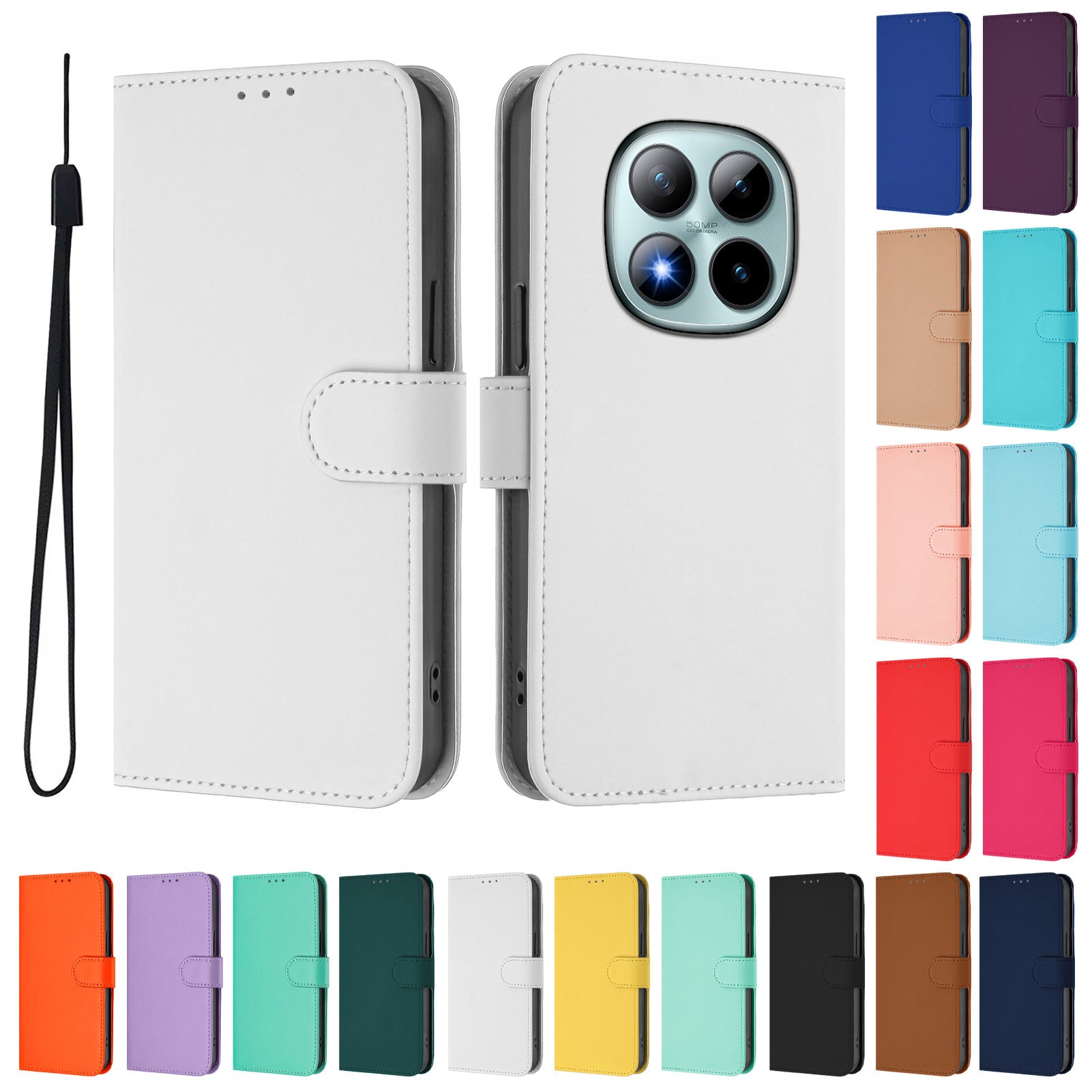 For Xiaomi Poco M8 Pro 5G / Redmi Note 15 Pro+ 5G (Global) Case Solid Color Wallet Leather Phone Cover with Strap - White
