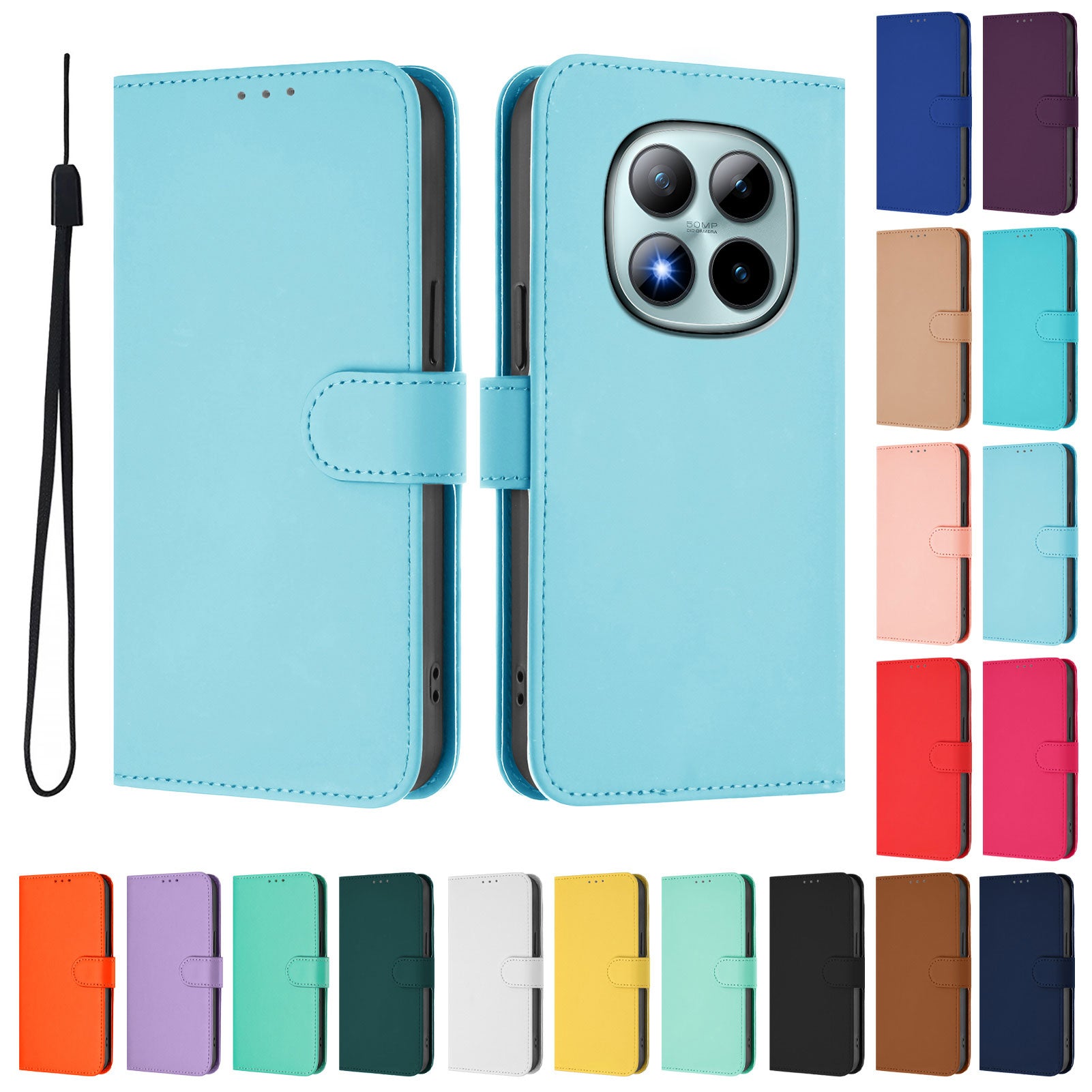 For Xiaomi Poco M8 Pro 5G / Redmi Note 15 Pro+ 5G (Global) Case Solid Color Wallet Leather Phone Cover with Strap - Sky Blue