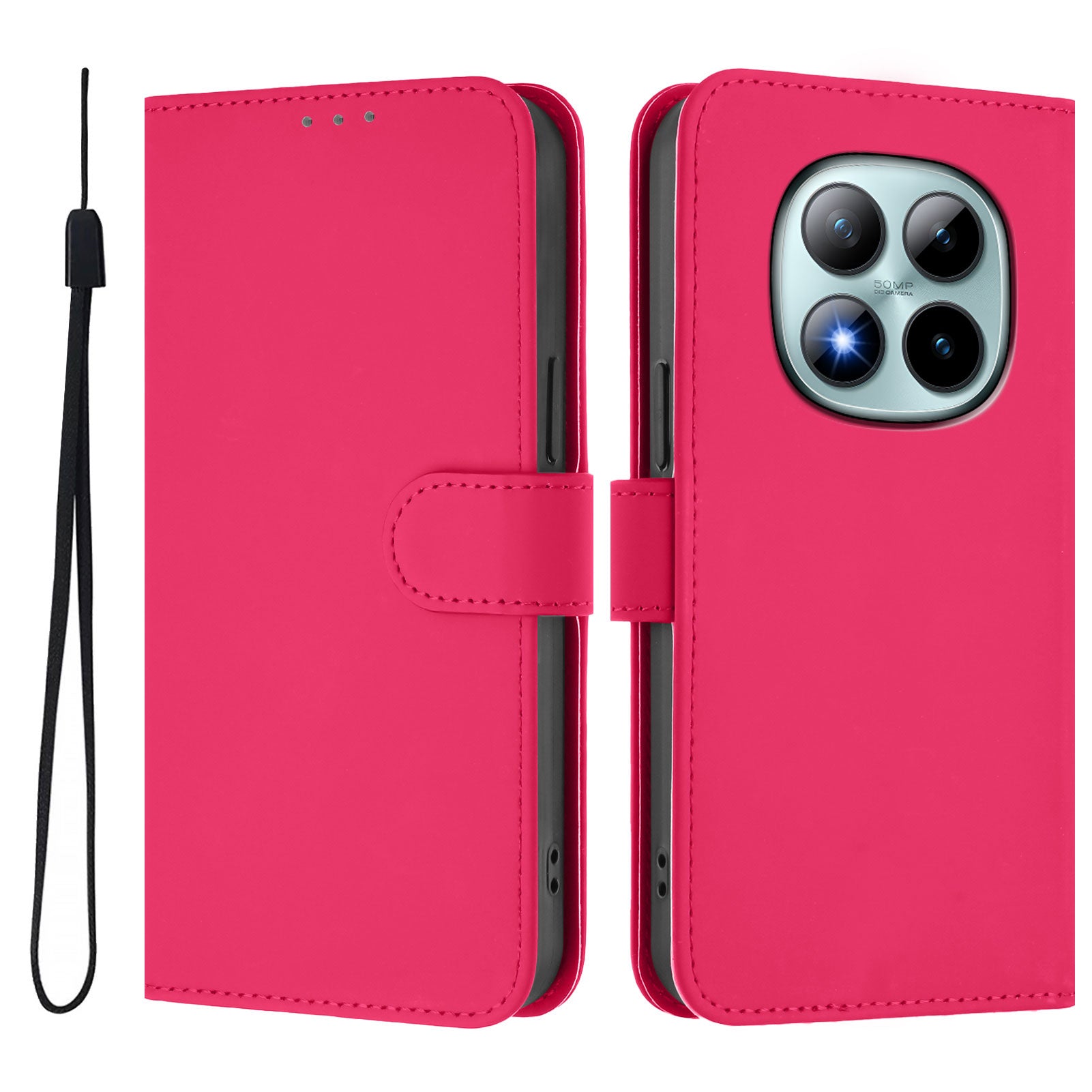 For Xiaomi Poco M8 Pro 5G / Redmi Note 15 Pro+ 5G (Global) Case Solid Color Wallet Leather Phone Cover with Strap - Rose Red