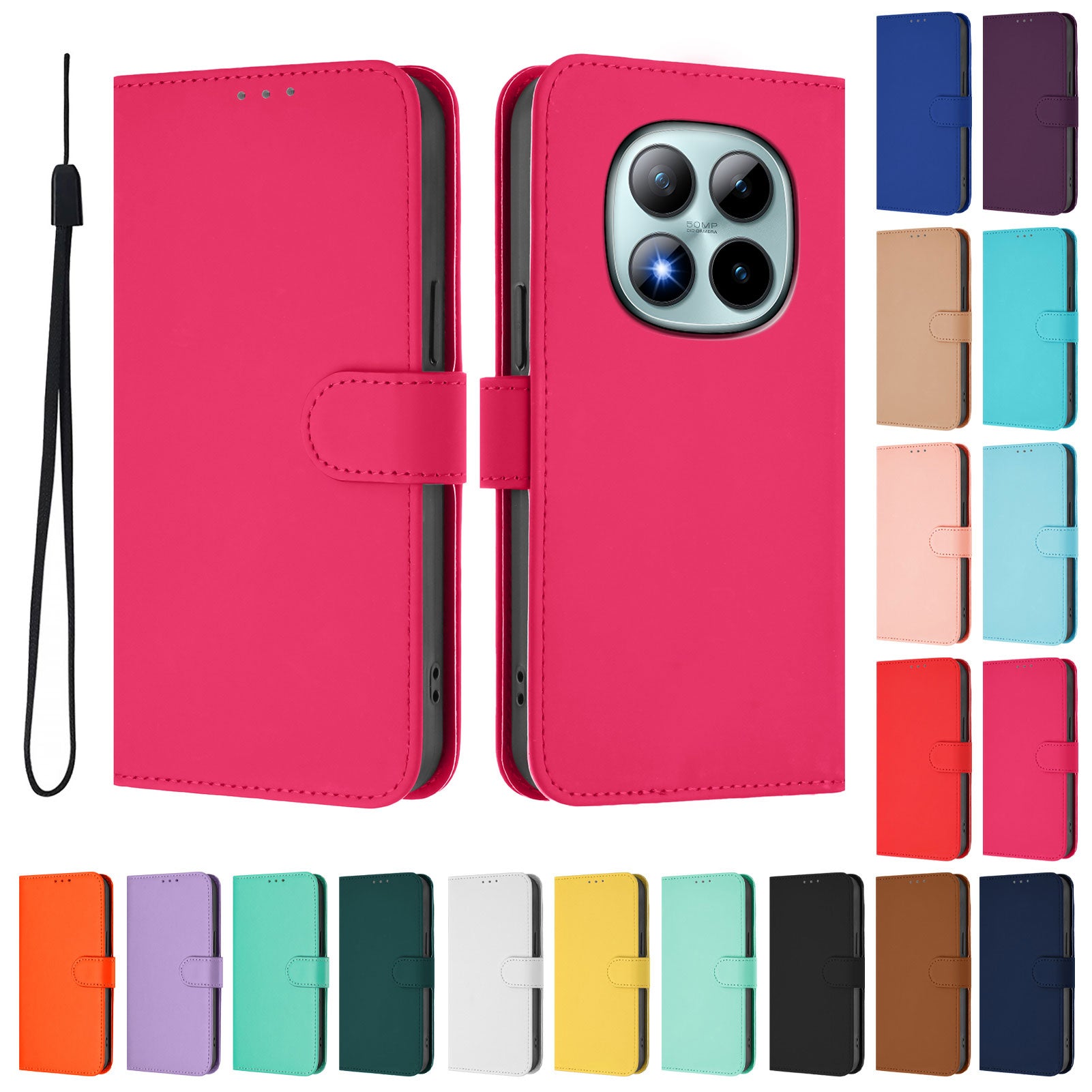 For Xiaomi Poco M8 Pro 5G / Redmi Note 15 Pro+ 5G (Global) Case Solid Color Wallet Leather Phone Cover with Strap - Rose Red
