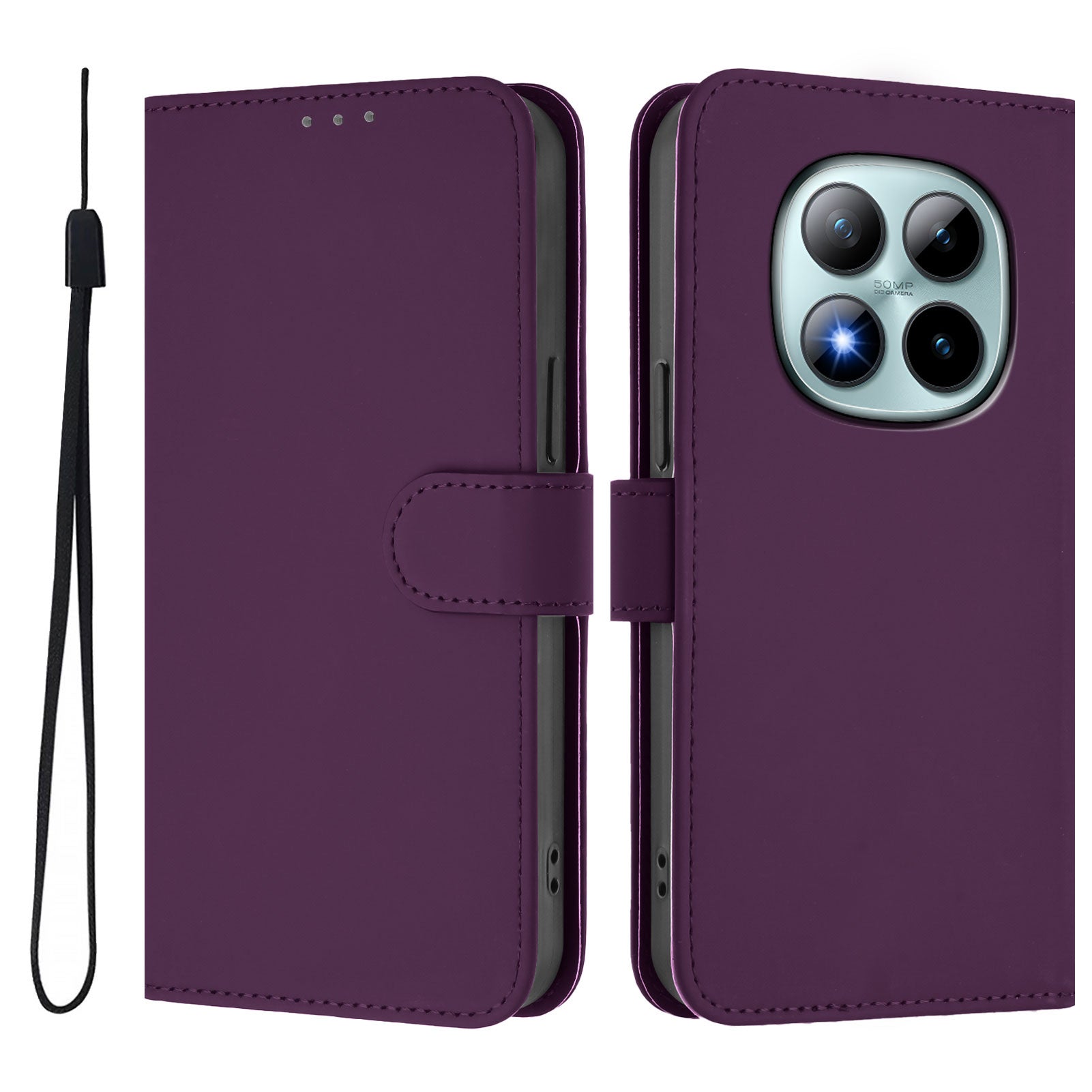 For Xiaomi Poco M8 Pro 5G / Redmi Note 15 Pro+ 5G (Global) Case Solid Color Wallet Leather Phone Cover with Strap - Voilet