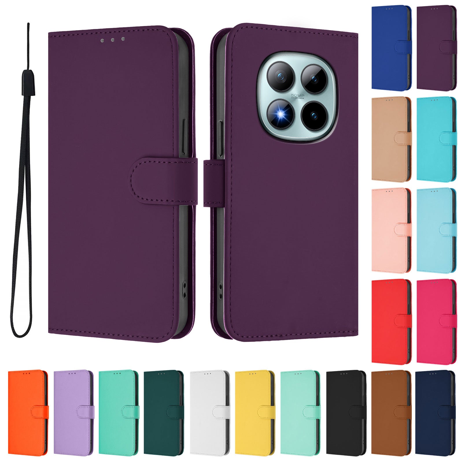 For Xiaomi Poco M8 Pro 5G / Redmi Note 15 Pro+ 5G (Global) Case Solid Color Wallet Leather Phone Cover with Strap - Voilet
