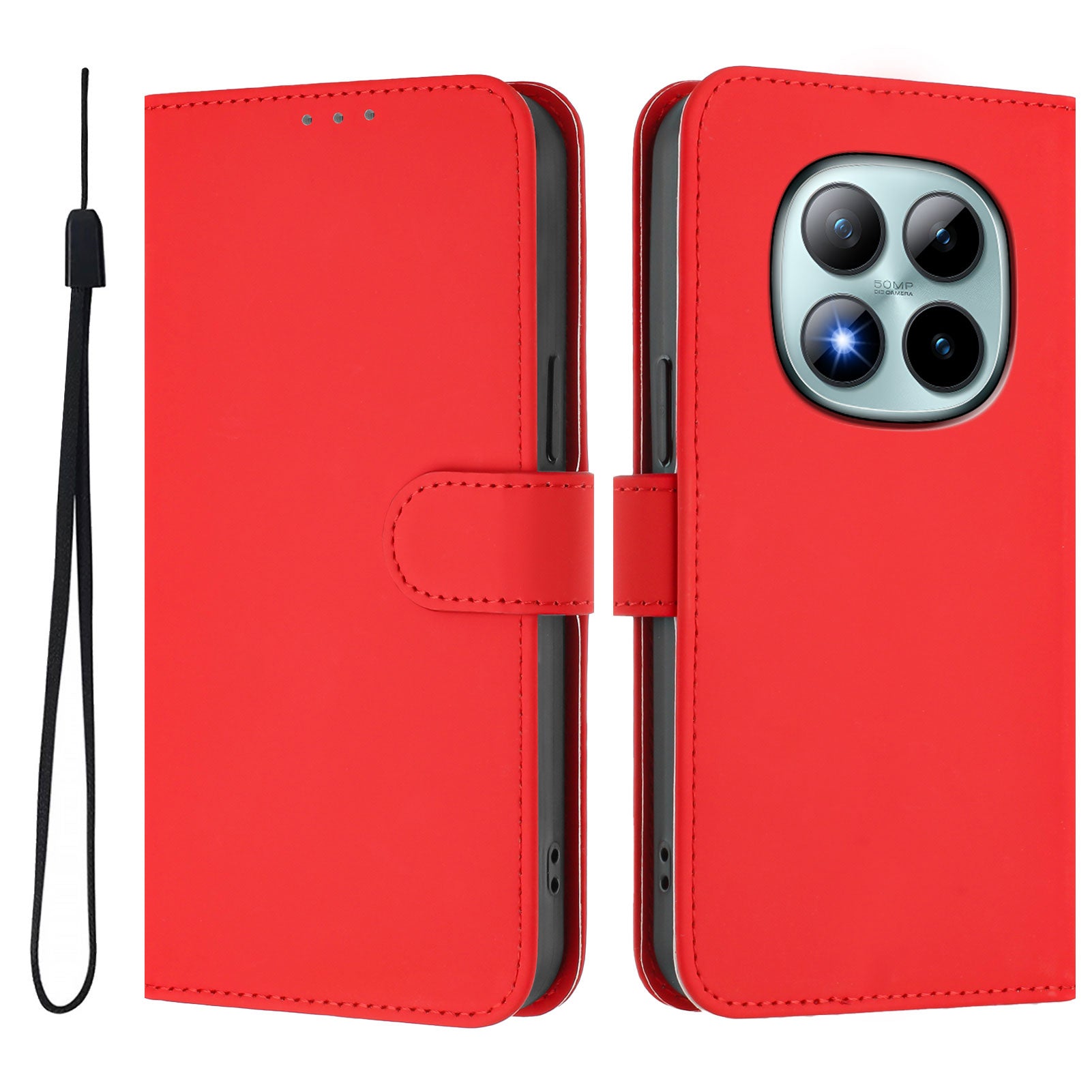 For Xiaomi Poco M8 Pro 5G / Redmi Note 15 Pro+ 5G (Global) Case Solid Color Wallet Leather Phone Cover with Strap - Bright Red