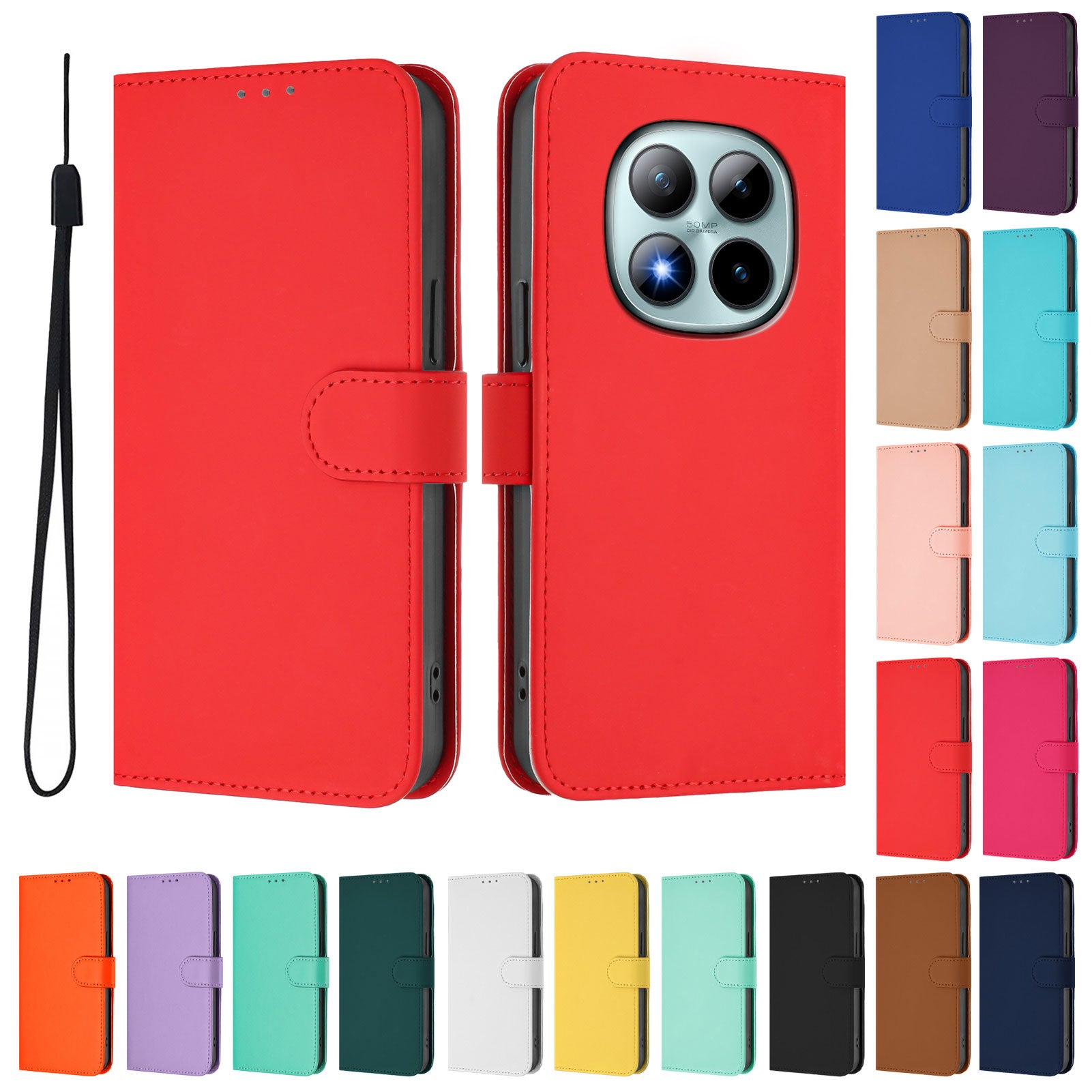 For Xiaomi Poco M8 Pro 5G / Redmi Note 15 Pro+ 5G (Global) Case Solid Color Wallet Leather Phone Cover with Strap - Bright Red