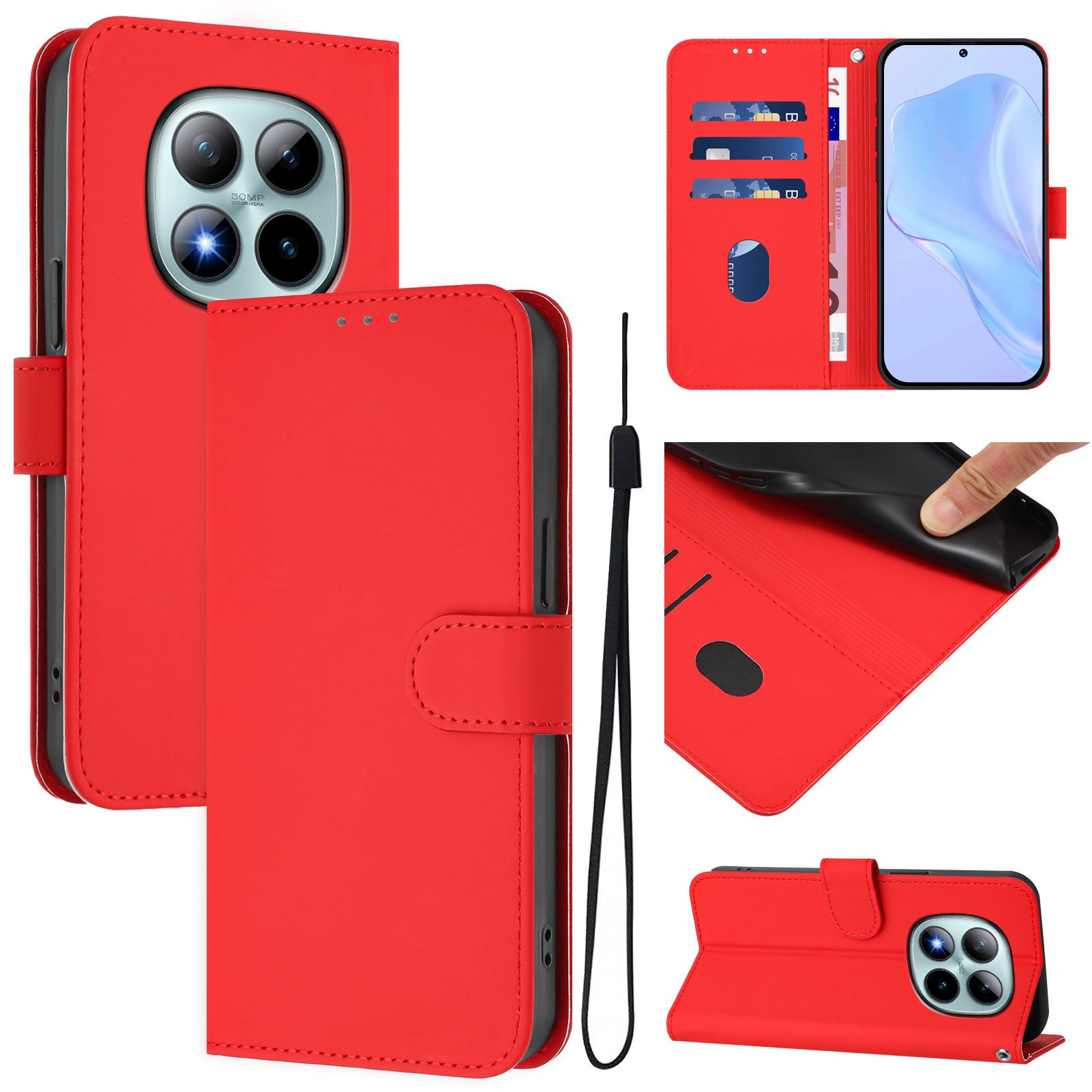 For Xiaomi Poco M8 Pro 5G / Redmi Note 15 Pro+ 5G (Global) Case Solid Color Wallet Leather Phone Cover with Strap - Bright Red