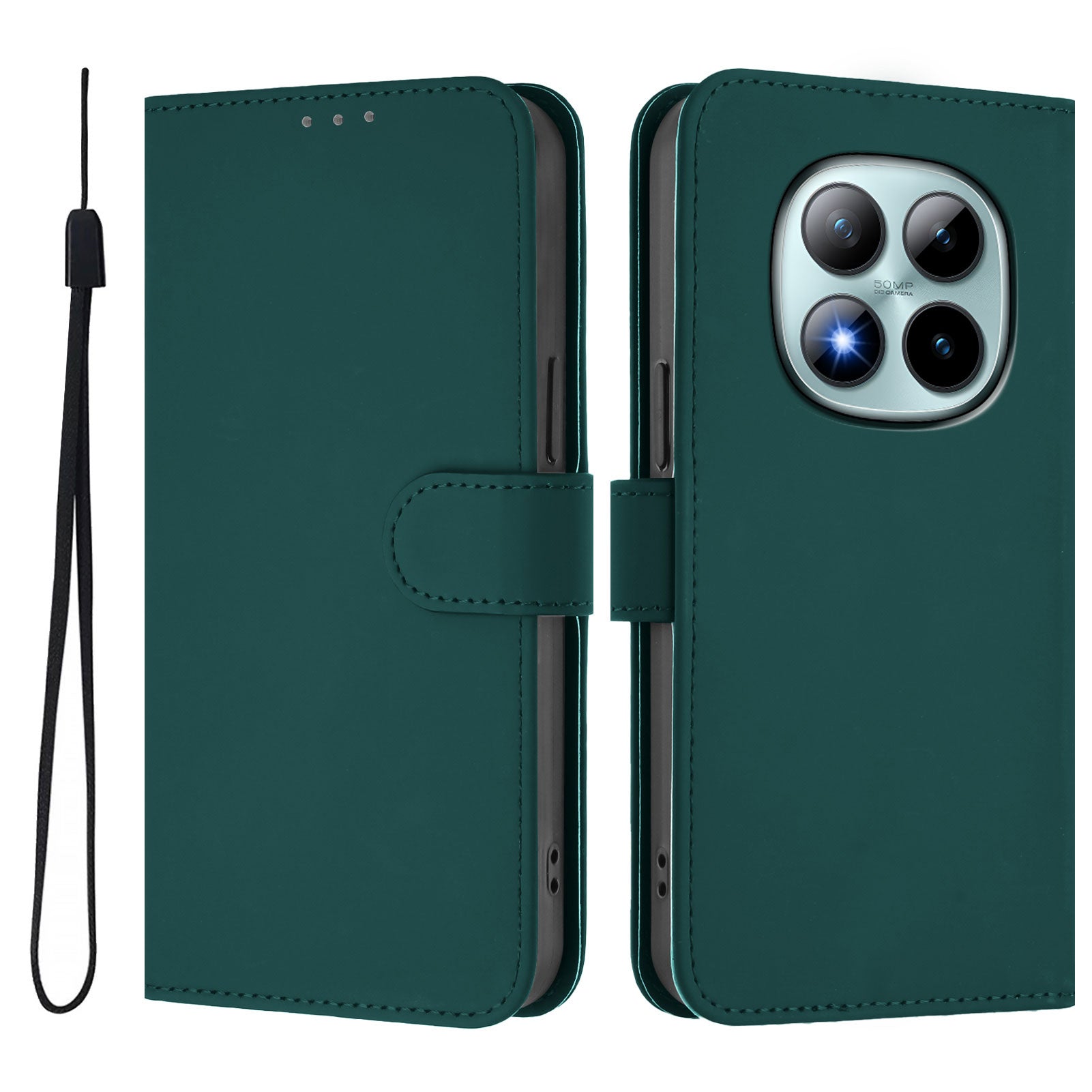 For Xiaomi Poco M8 Pro 5G / Redmi Note 15 Pro+ 5G (Global) Case Solid Color Wallet Leather Phone Cover with Strap - Dark Green